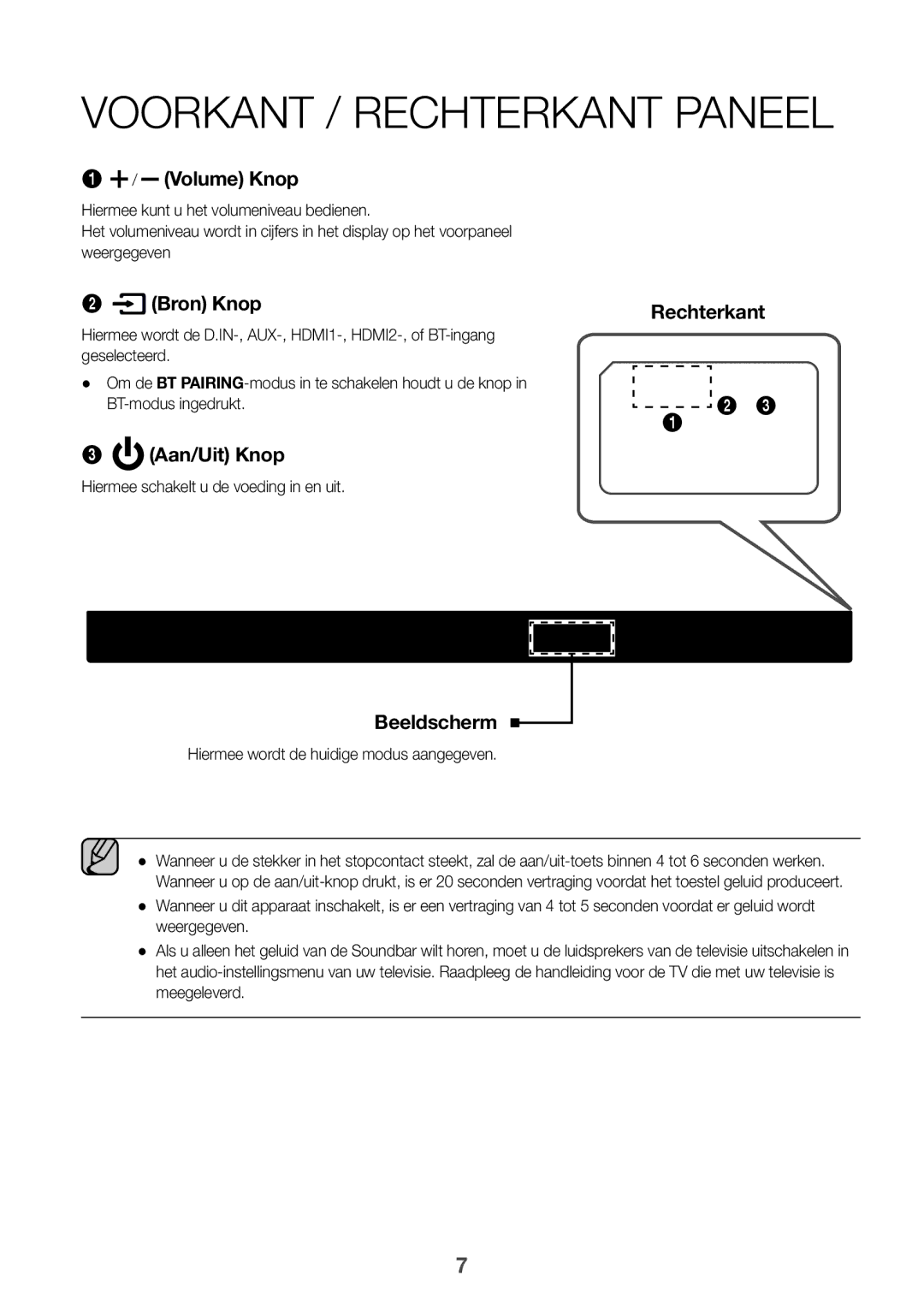 Samsung HW-K850/XN, HW-K850/EN manual Voorkant / Rechterkant paneel, Hiermee schakelt u de voeding in en uit 