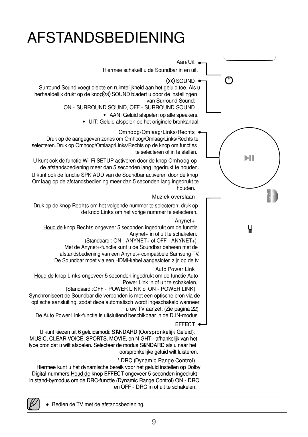 Samsung HW-K850/XN, HW-K850/EN manual Afstandsbediening, Aan/Uit, Omhoog/Omlaag/Links/Rechts, Muziek overslaan 