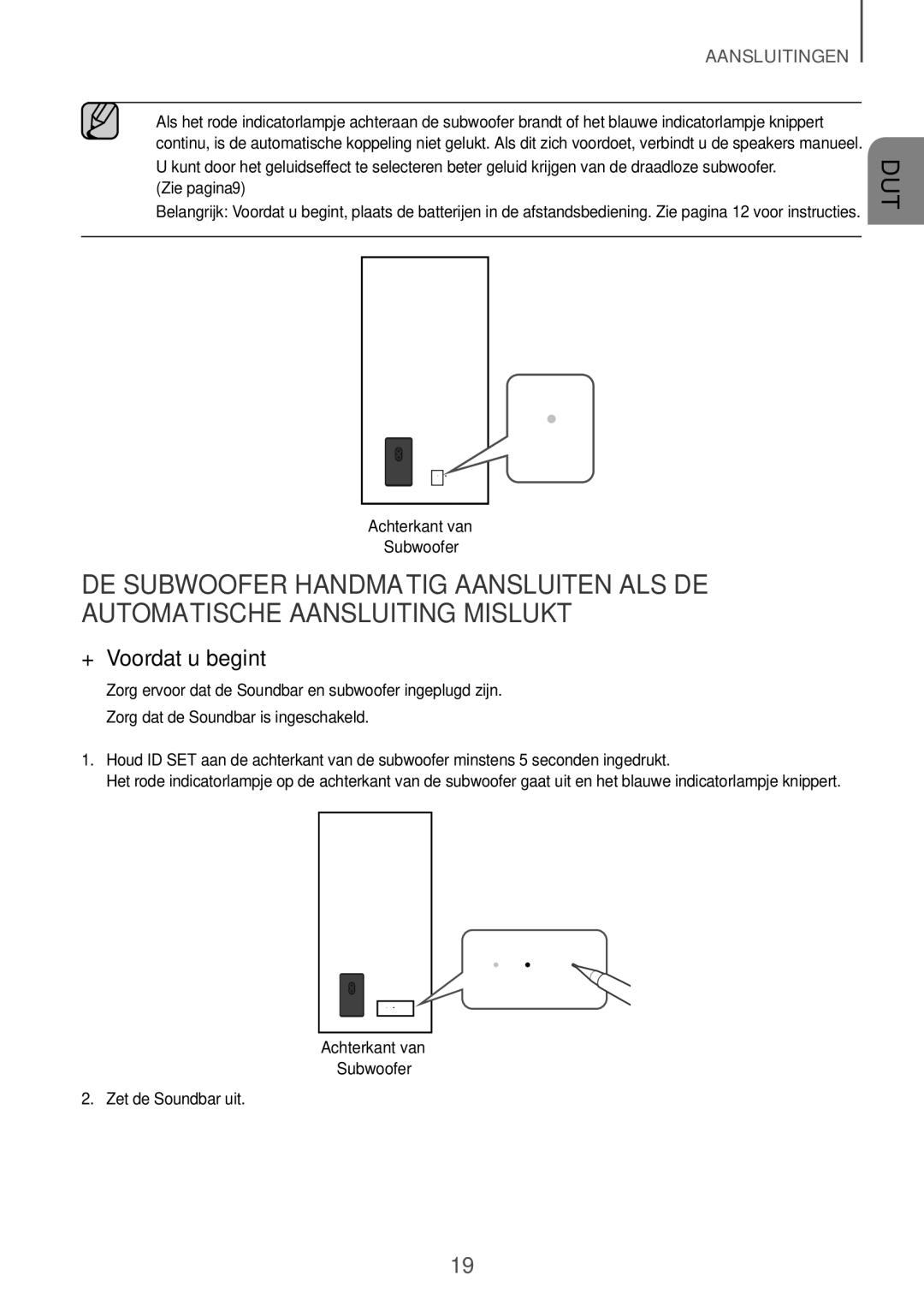 Samsung HW-K850/XN, HW-K850/EN manual ++Voordat u begint, Achterkant van Subwoofer, Zet de Soundbar uit 