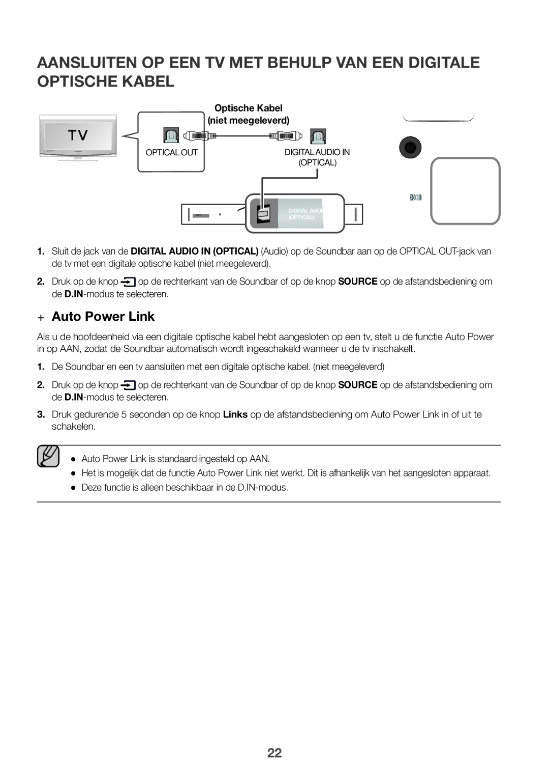 Samsung HW-K850/EN, HW-K850/XN manual ++Auto Power Link, Optische Kabel Niet meegeleverd 