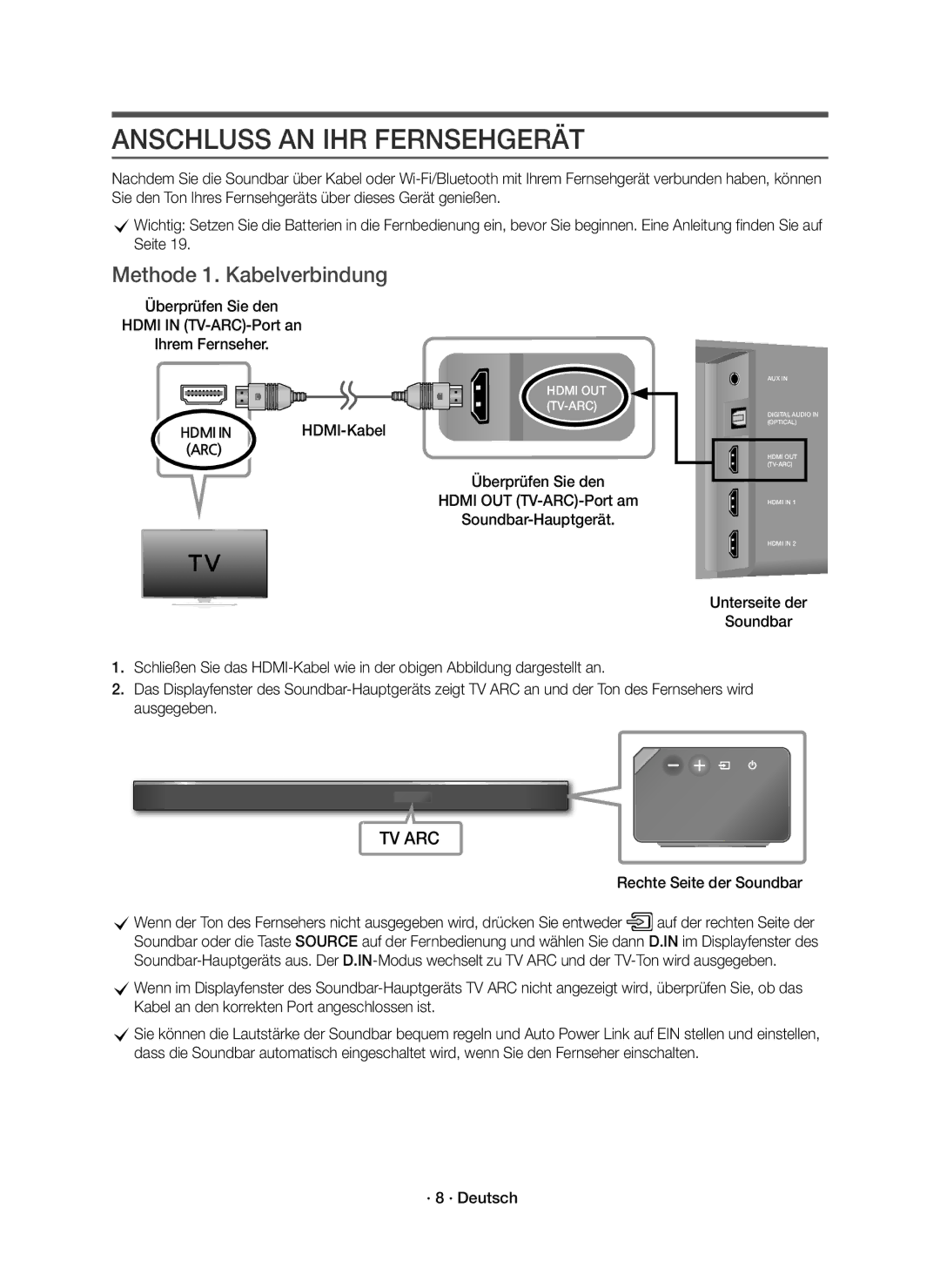 Samsung HW-K850/EN manual Anschluss AN IHR Fernsehgerät, Methode 1. Kabelverbindung, HDMI-Kabel 