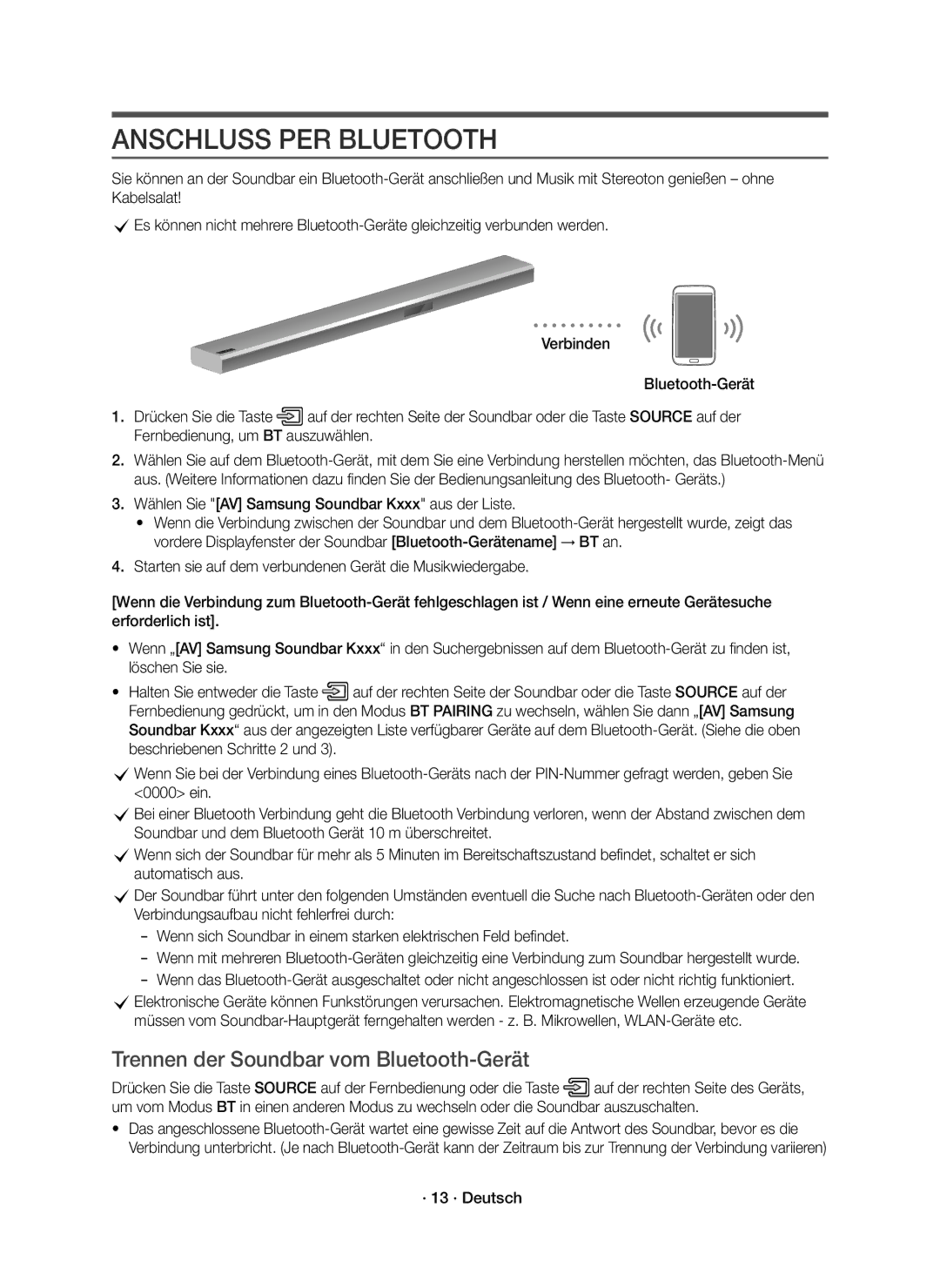 Samsung HW-K850/EN manual Anschluss PER Bluetooth, Trennen der Soundbar vom Bluetooth-Gerät, · 13 · Deutsch 