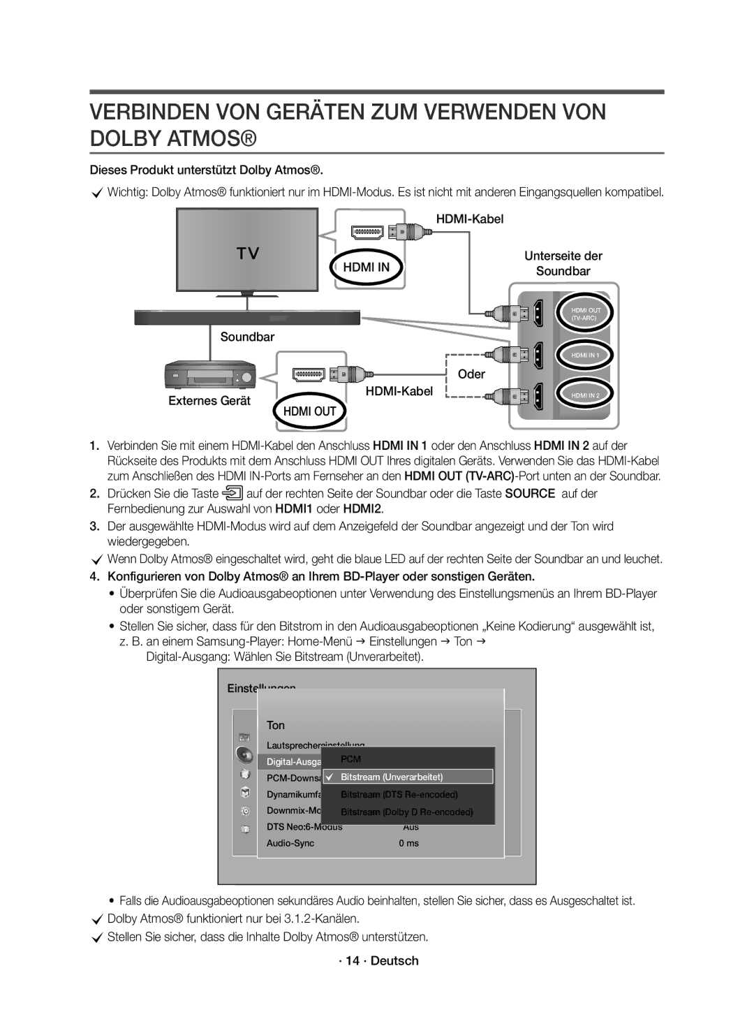 Samsung HW-K850/EN manual Verbinden VON Geräten ZUM Verwenden VON Dolby Atmos, Unterseite der Soundbar, Einstellungen Ton 