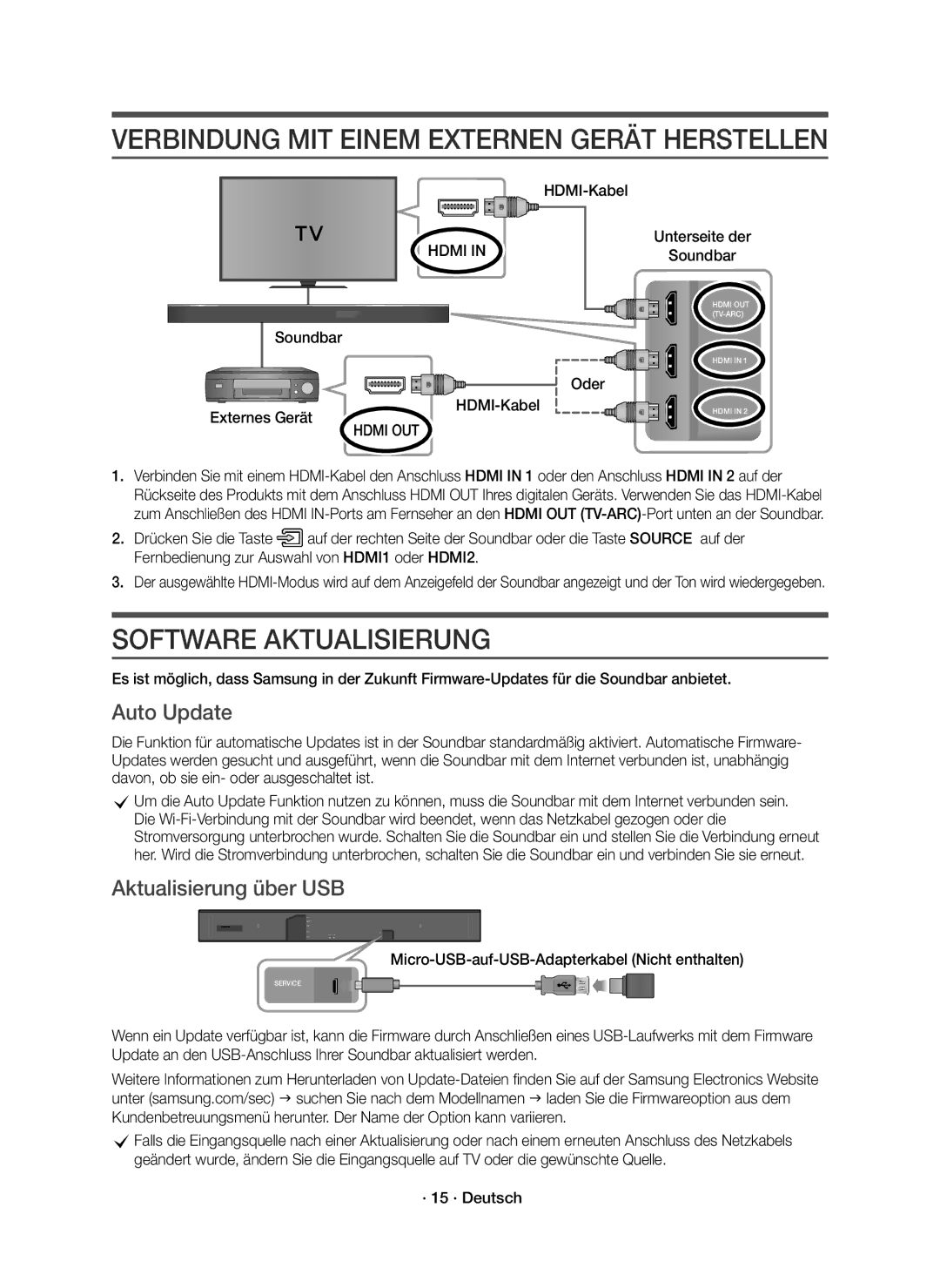 Samsung HW-K850/EN manual Software Aktualisierung, Aktualisierung über USB, Micro-USB-auf-USB-Adapterkabel Nicht enthalten 