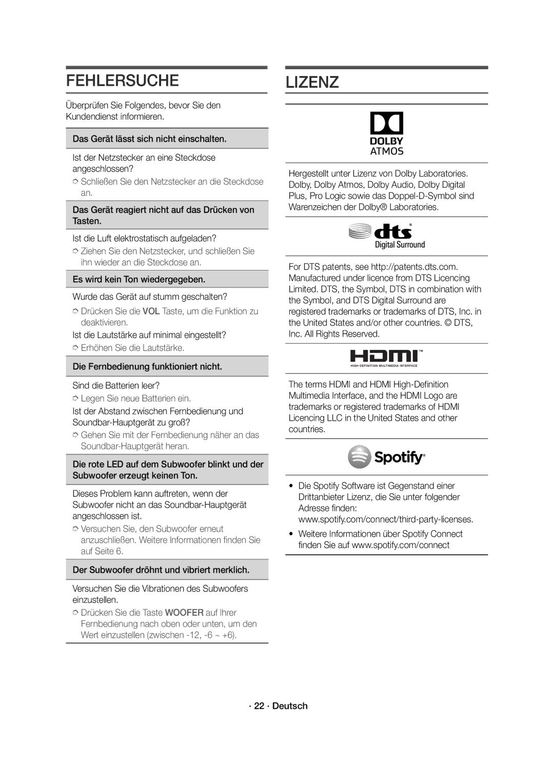 Samsung HW-K850/EN manual Fehlersuche, Lizenz, Ist die Lautstärke auf minimal eingestellt? 