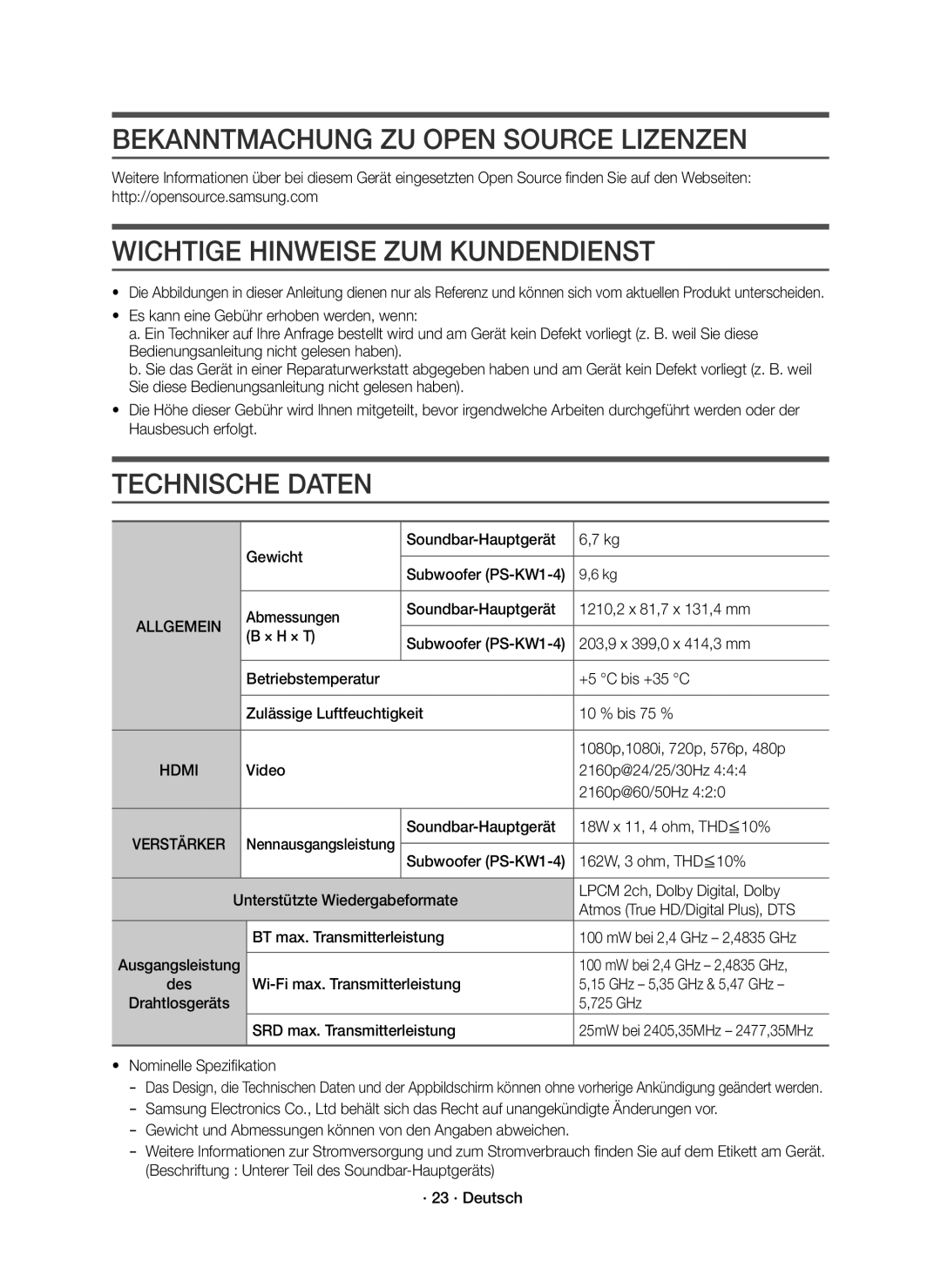 Samsung HW-K850/EN Bekanntmachung ZU Open Source Lizenzen, Wichtige Hinweise ZUM Kundendienst, Technische Daten, Allgemein 