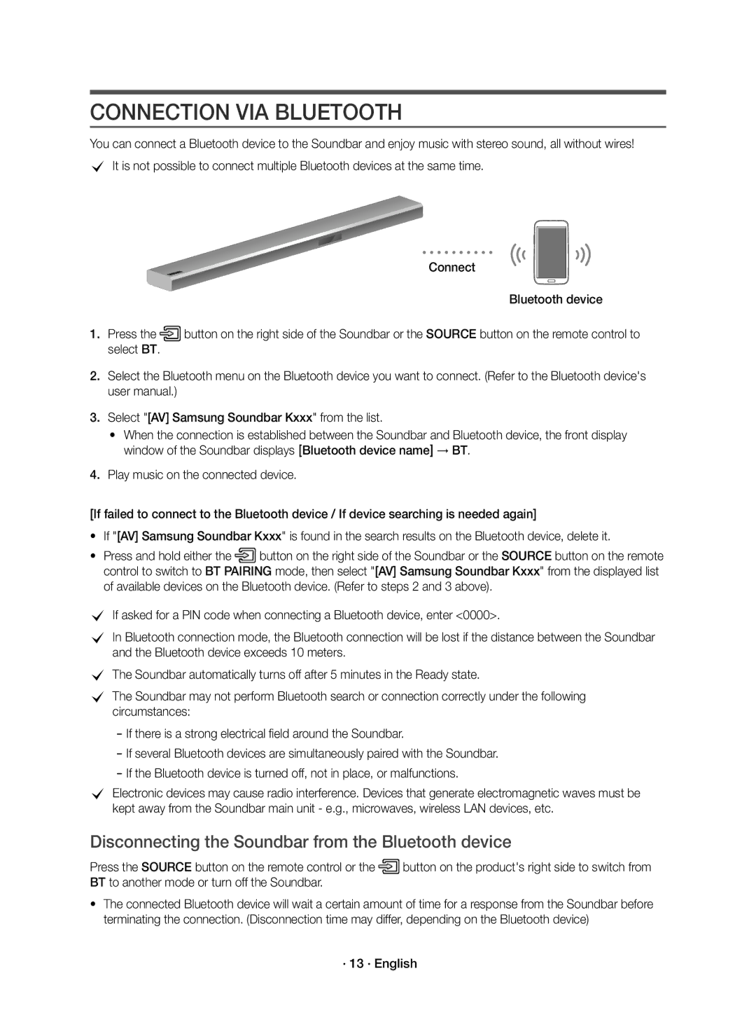 Samsung HW-K850/EN manual Connection VIA Bluetooth, Disconnecting the Soundbar from the Bluetooth device, · 13 · English 