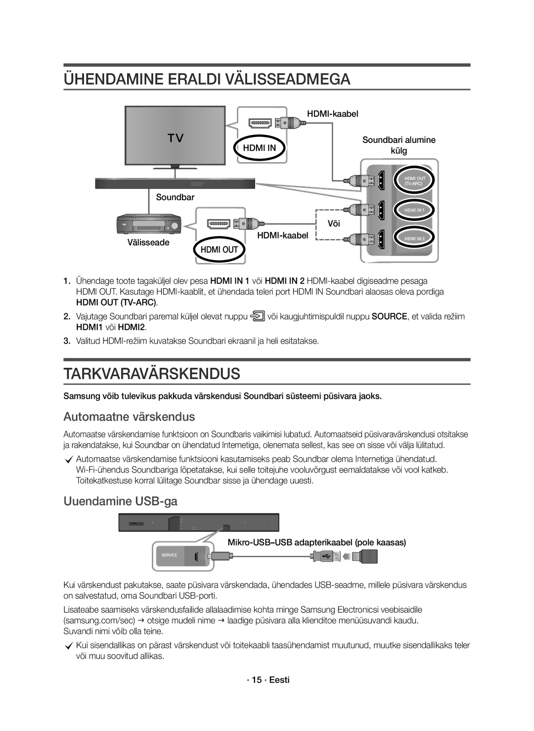 Samsung HW-K850/EN manual Ühendamine Eraldi Välisseadmega, Tarkvaravärskendus, Automaatne värskendus, Uuendamine USB-ga 