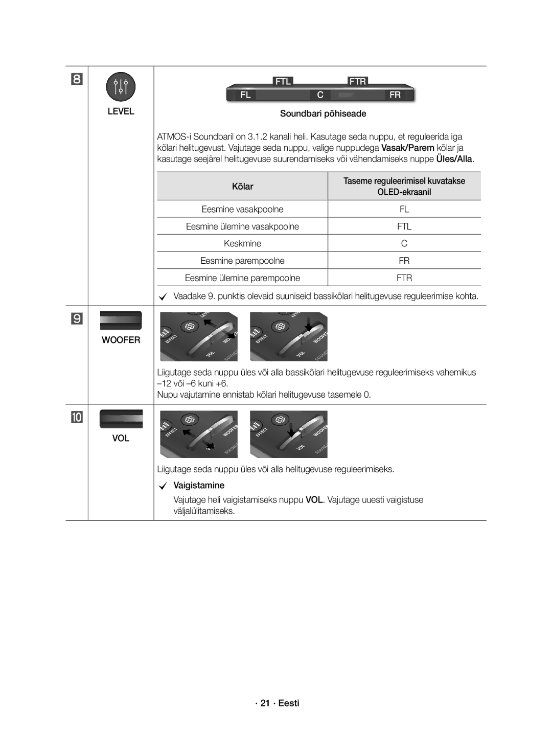 Samsung HW-K850/EN manual Soundbari põhiseade, Kõlar, Taseme reguleerimisel kuvatakse 