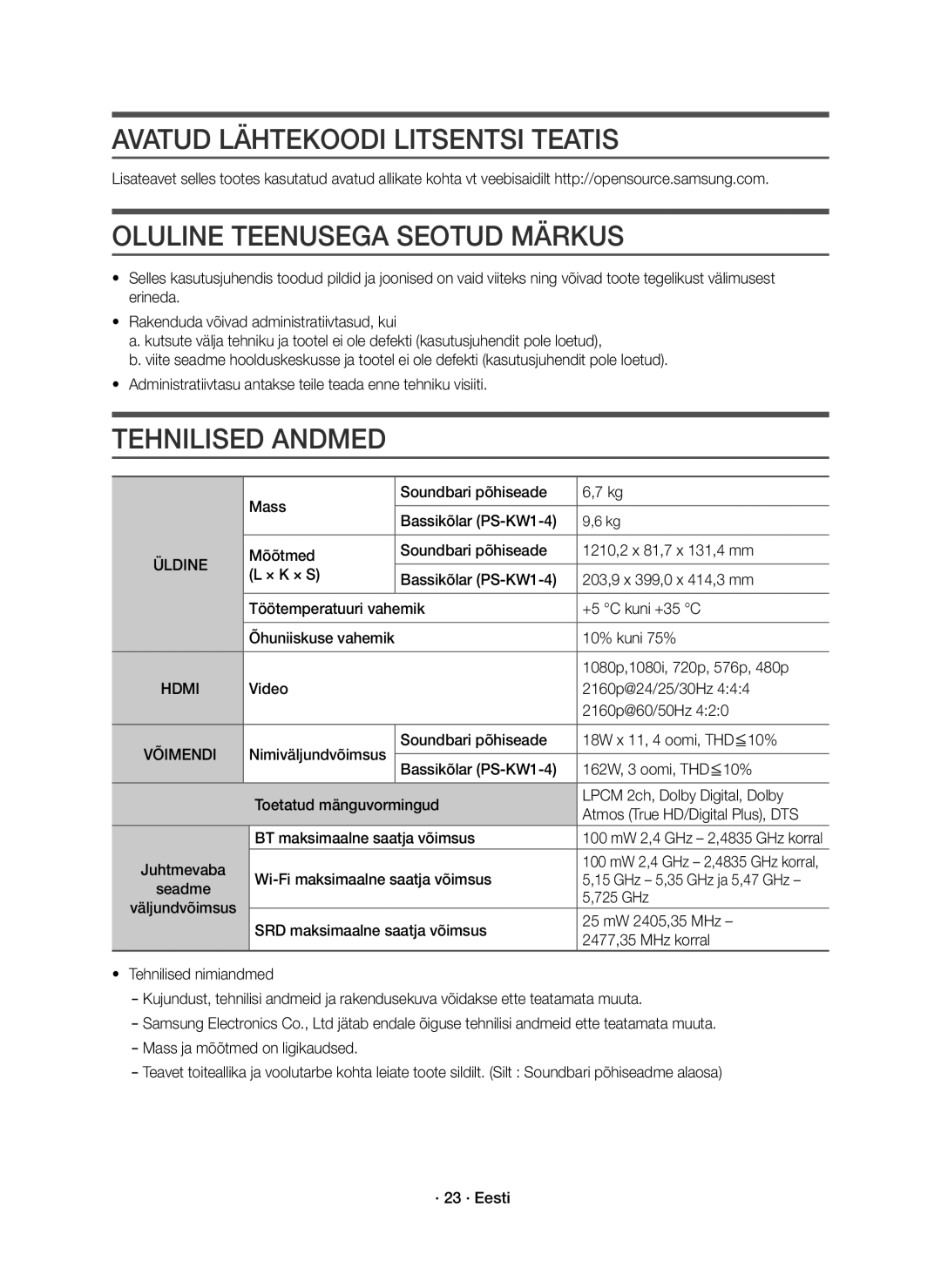 Samsung HW-K850/EN manual Avatud Lähtekoodi Litsentsi Teatis, Oluline Teenusega Seotud Märkus, Tehnilised Andmed, Üldine 