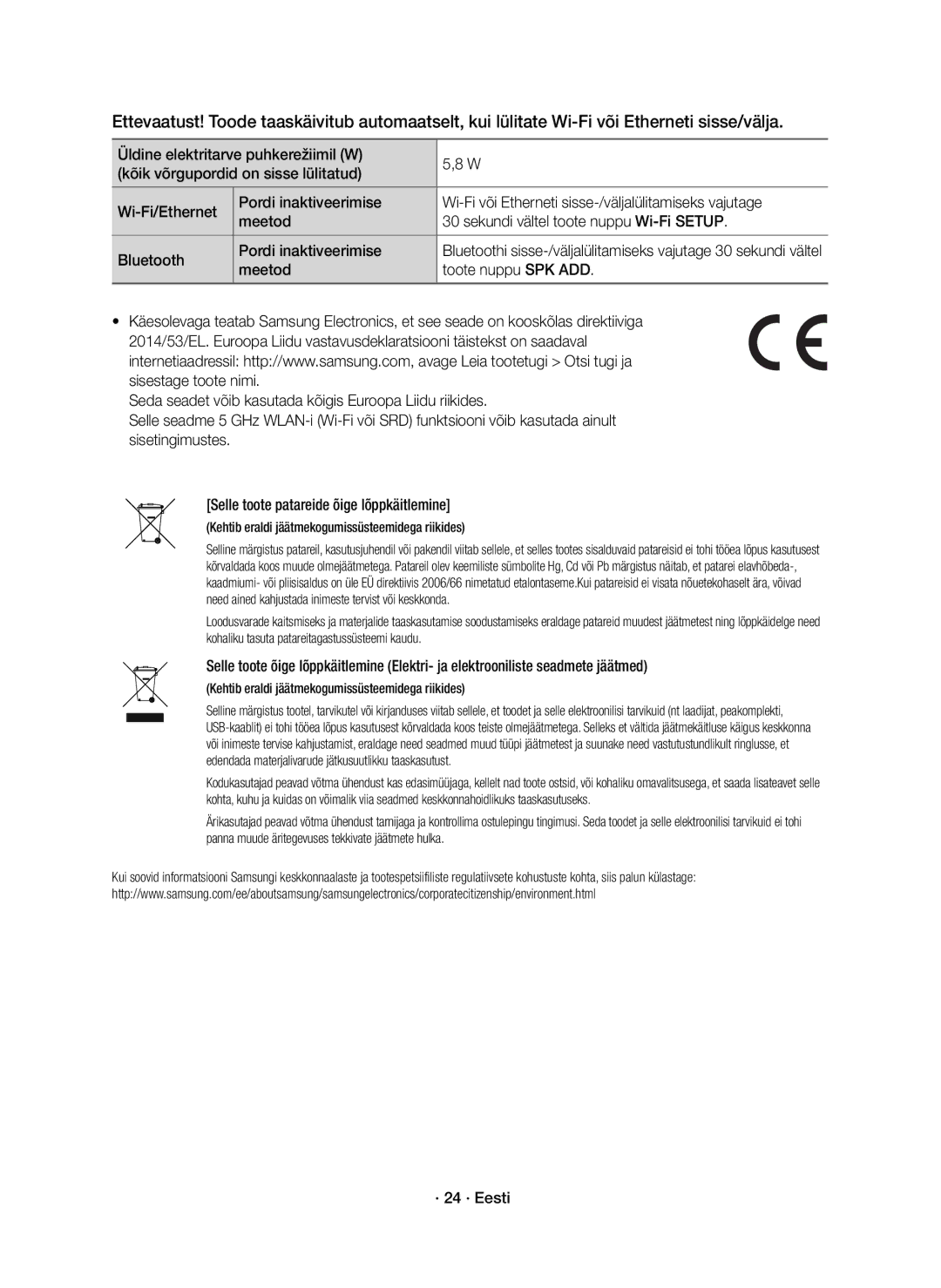 Samsung HW-K850/EN manual · 24 · Eesti, Kehtib eraldi jäätmekogumissüsteemidega riikides 