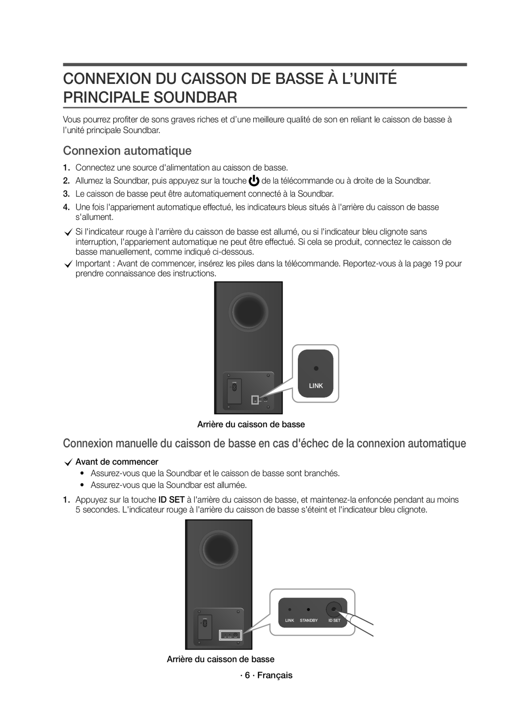 Samsung HW-K850/EN manual Connexion DU Caisson DE Basse À L’UNITÉ Principale Soundbar, Connexion automatique 