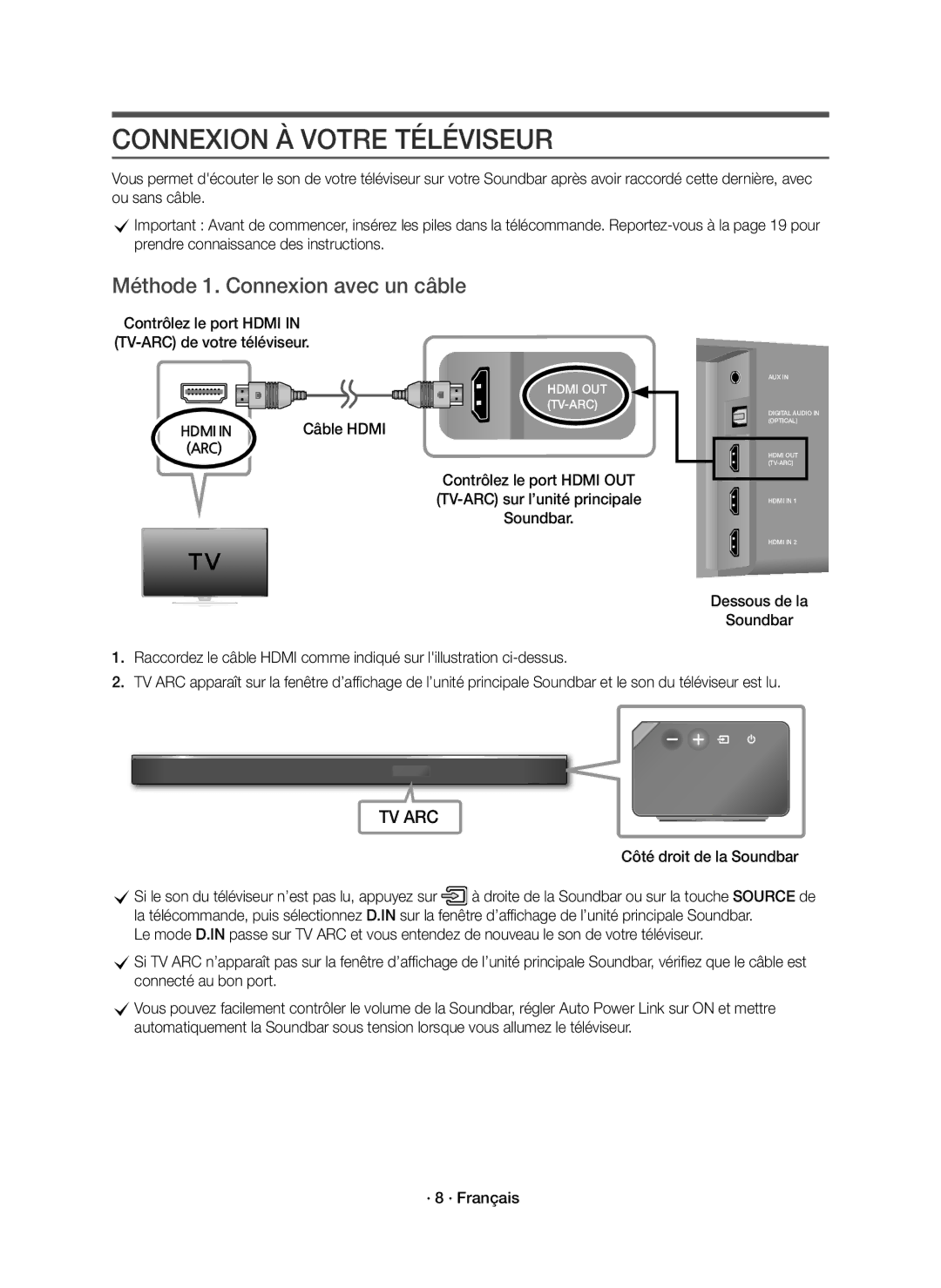 Samsung HW-K850/EN Méthode 1. Connexion avec un câble, Câble Hdmi, Contrôlez le port Hdmi in TV-ARC de votre téléviseur 