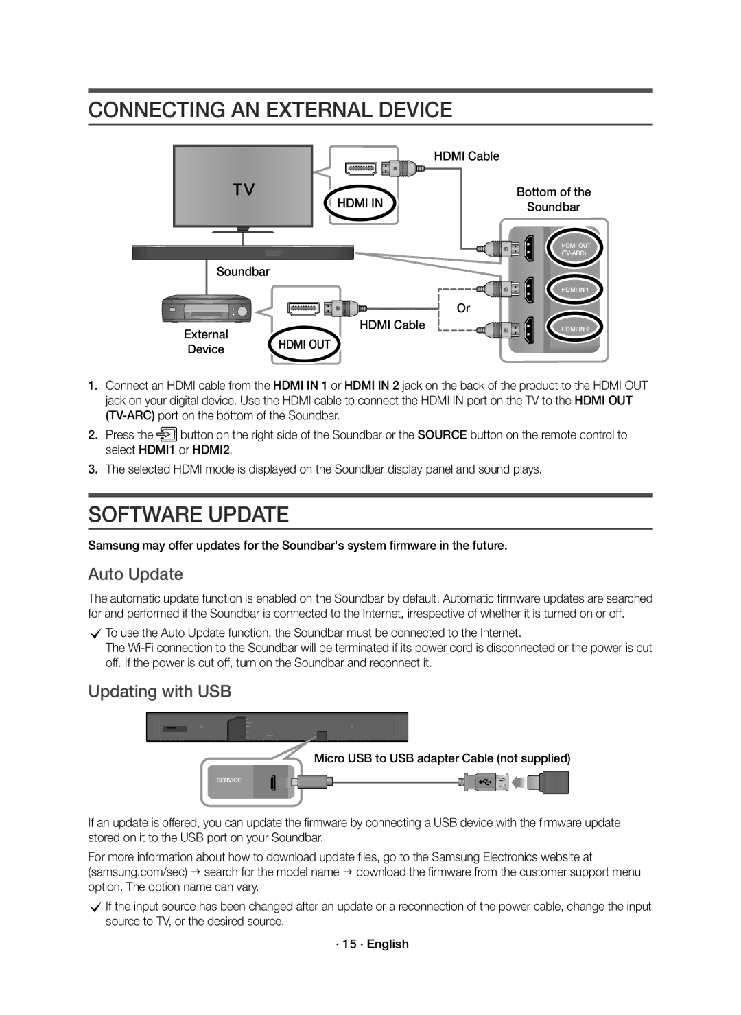 Samsung HW-K850/EN manual Connecting AN External Device, Software Update, Auto Update, Updating with USB 