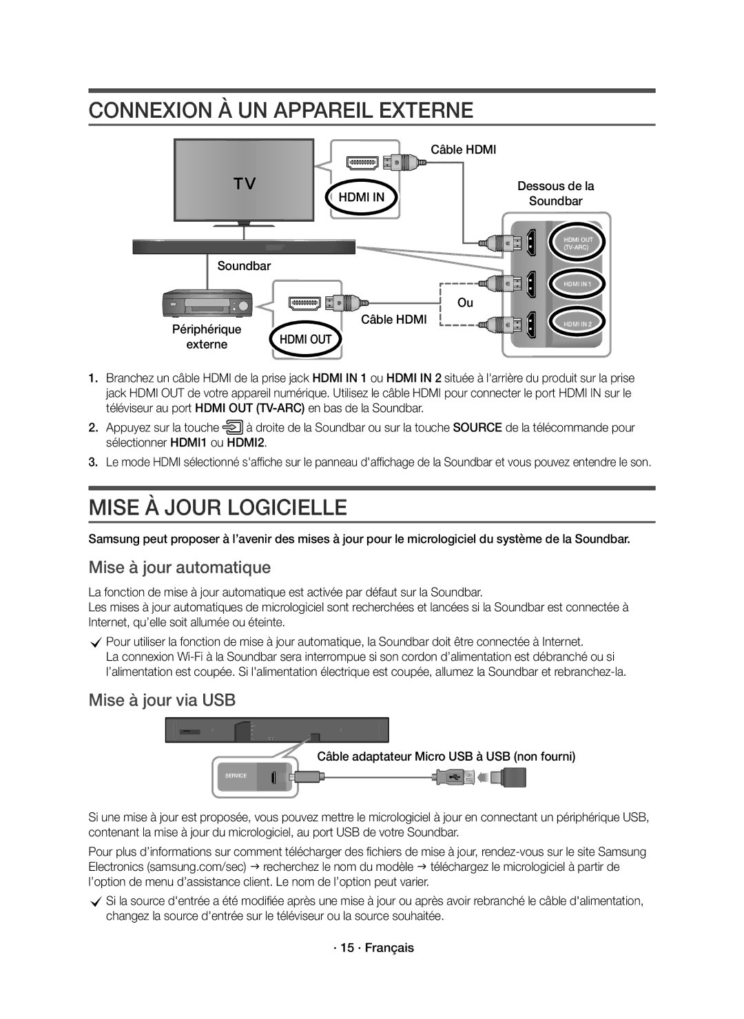 Samsung HW-K850/EN Connexion À UN Appareil Externe, Mise À Jour Logicielle, Mise à jour automatique, Mise à jour via USB 