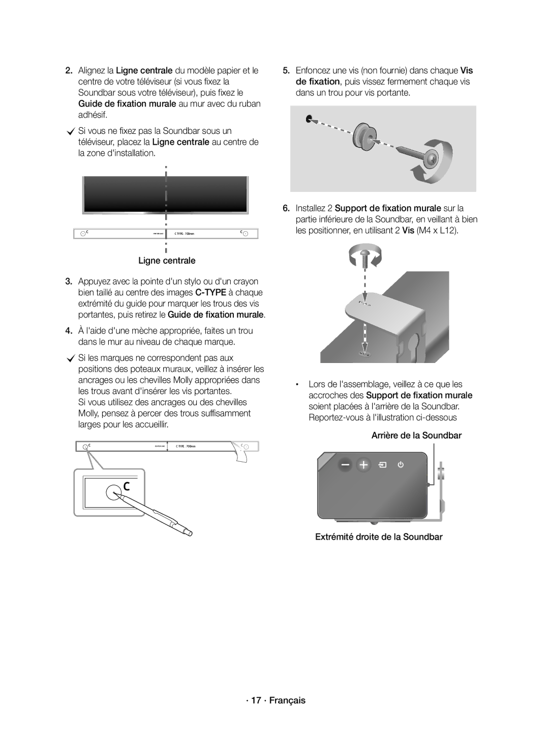 Samsung HW-K850/EN manual Ligne centrale, Si vous utilisez des ancrages ou des chevilles 