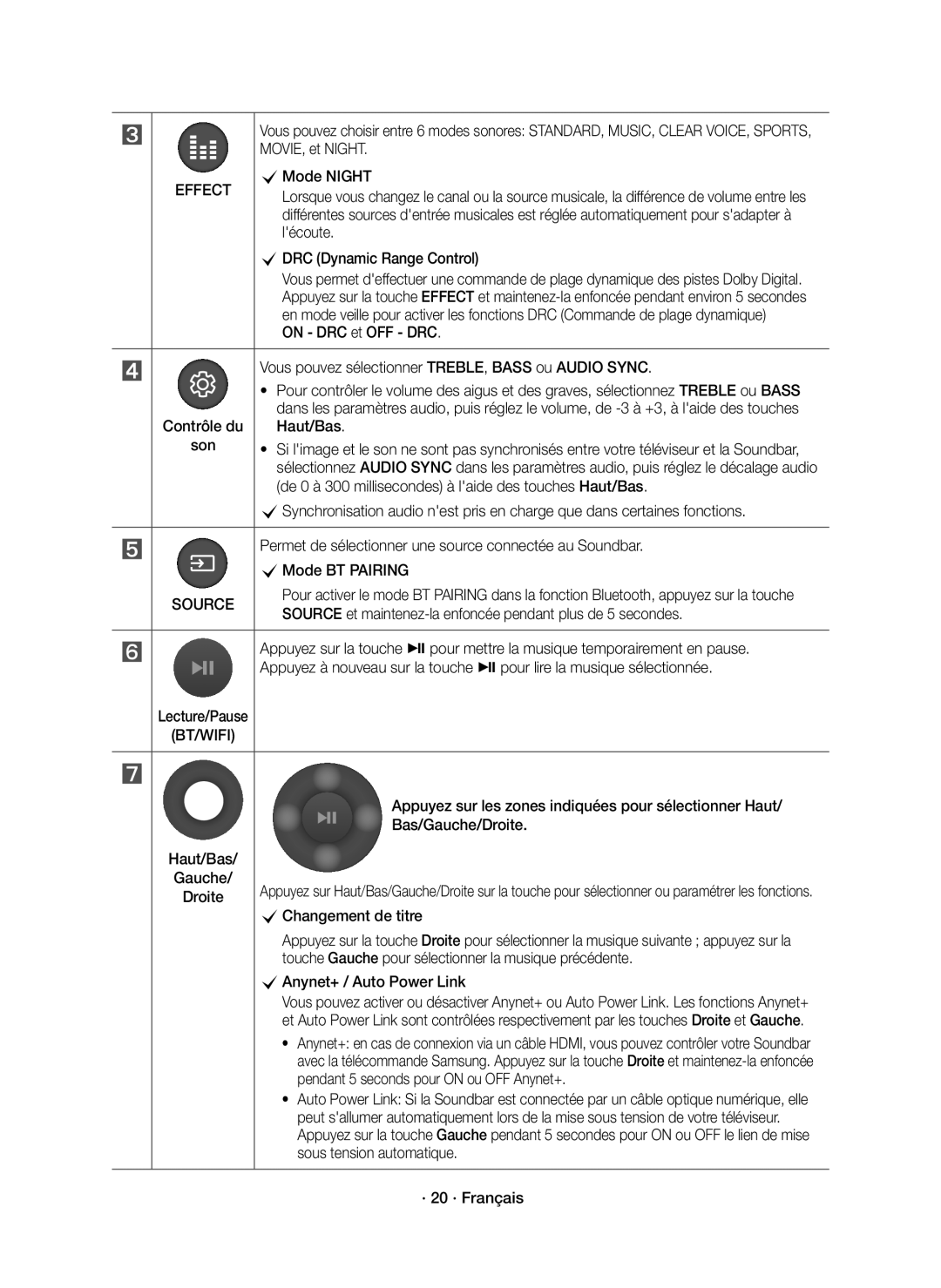 Samsung HW-K850/EN manual MOVIE, et Night, CMode Night, Lécoute, On DRC et OFF DRC, Haut/Bas, CMode BT Pairing 