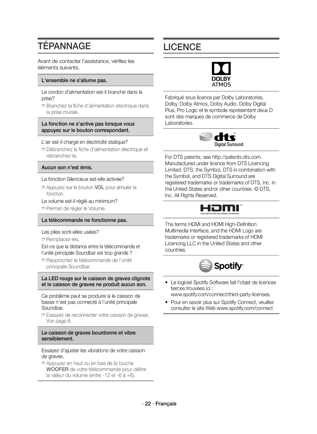 Samsung HW-K850/EN manual Tépannage, Lair est-il chargé en électricité statique?, Le volume est-il réglé au minimum? 