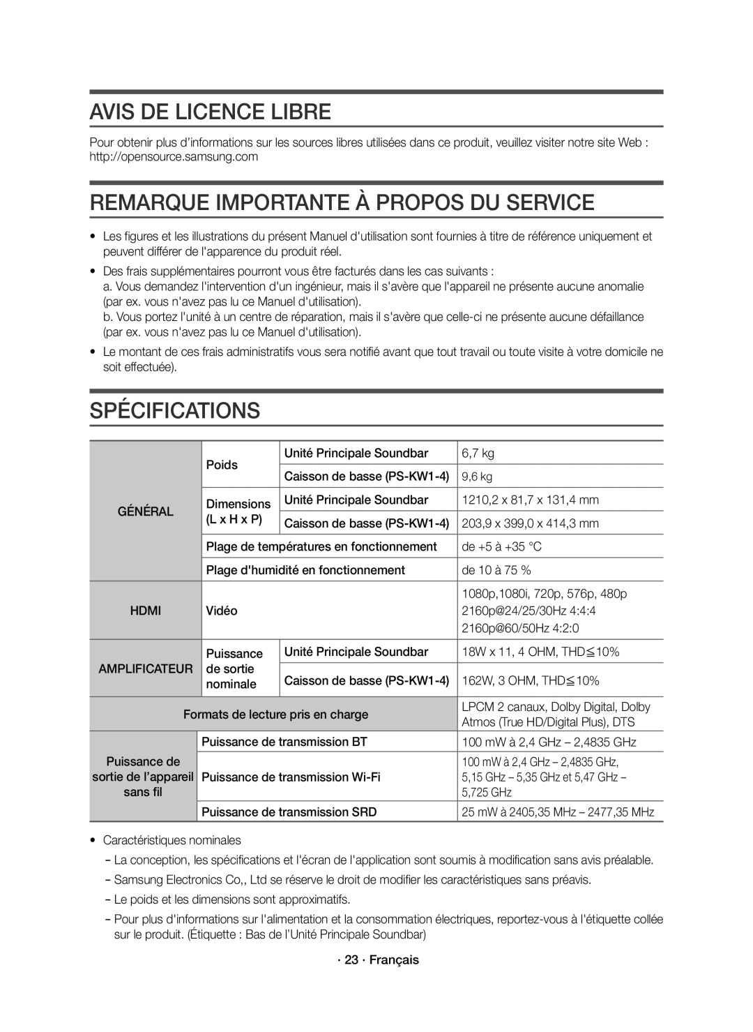 Samsung HW-K850/EN manual Avis DE Licence Libre, Remarque Importante À Propos DU Service, Spécifications, Amplificateur 