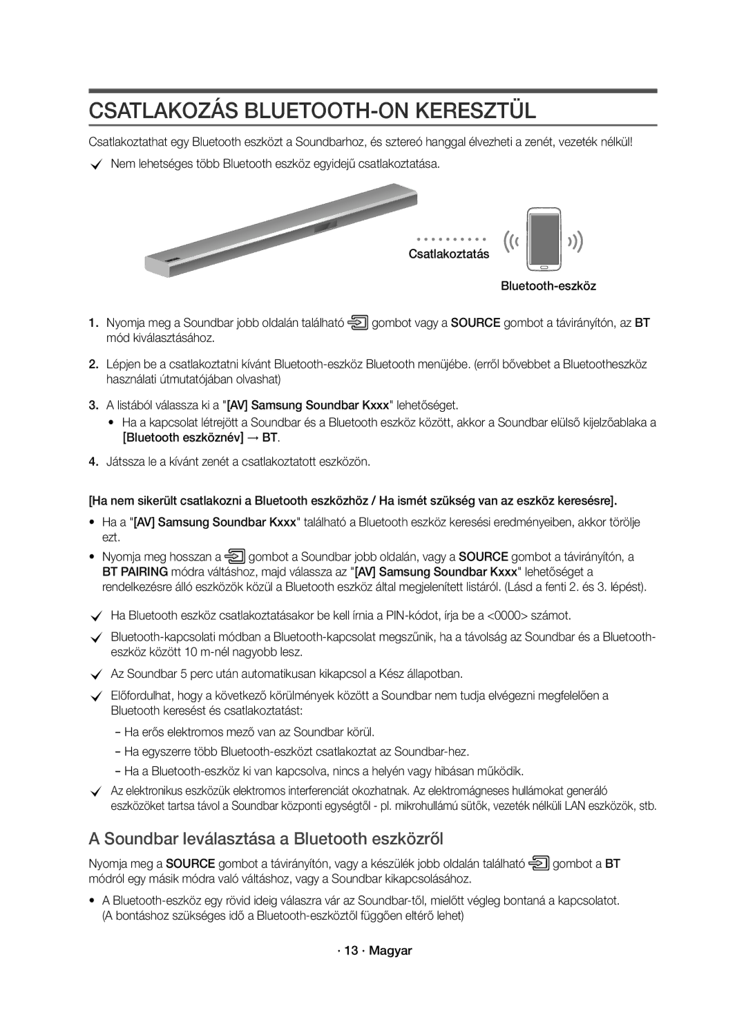 Samsung HW-K850/EN manual Csatlakozás BLUETOOTH-ON Keresztül, Soundbar leválasztása a Bluetooth eszközről 