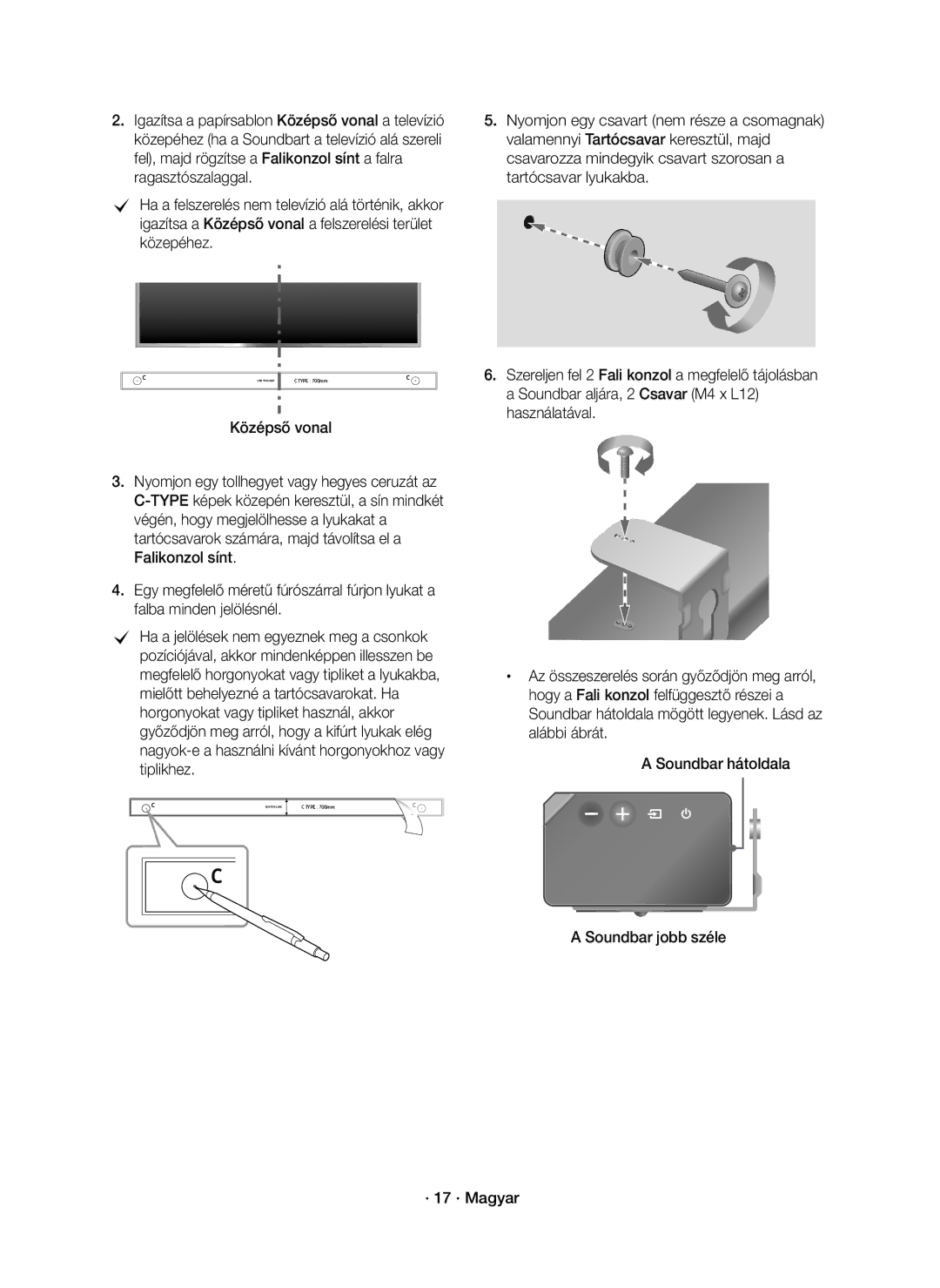 Samsung HW-K850/EN manual Megfelelő horgonyokat vagy tipliket a lyukakba, Soundbar jobb széle · 17 · Magyar 