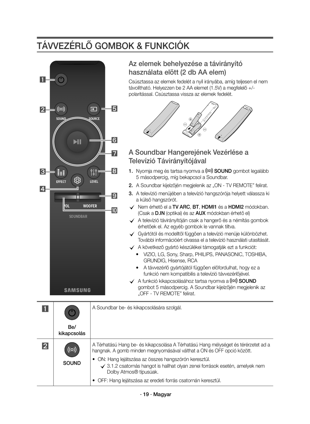 Samsung HW-K850/EN Távvezérlő Gombok & Funkciók, On Hang lejátszása az összes hangszórón keresztül, Dolby Atmos típusúak 