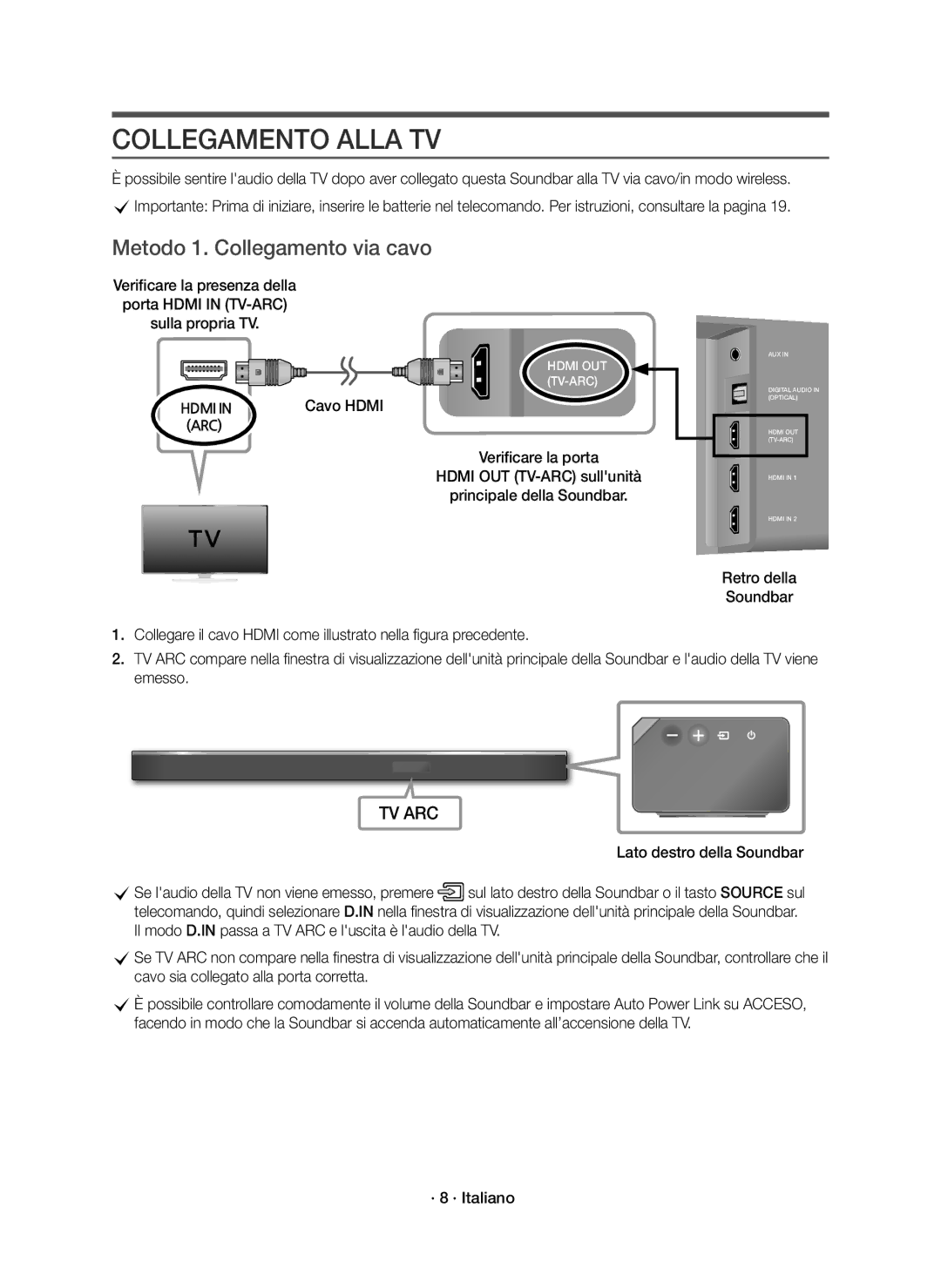 Samsung HW-K850/EN manual Collegamento Alla TV, Metodo 1. Collegamento via cavo, Cavo Hdmi, · 8 · Italiano 