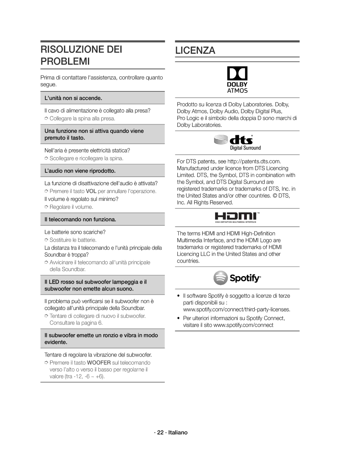 Samsung HW-K850/EN manual Risoluzione DEI Problemi, Licenza, Il telecomando non funziona Le batterie sono scariche? 