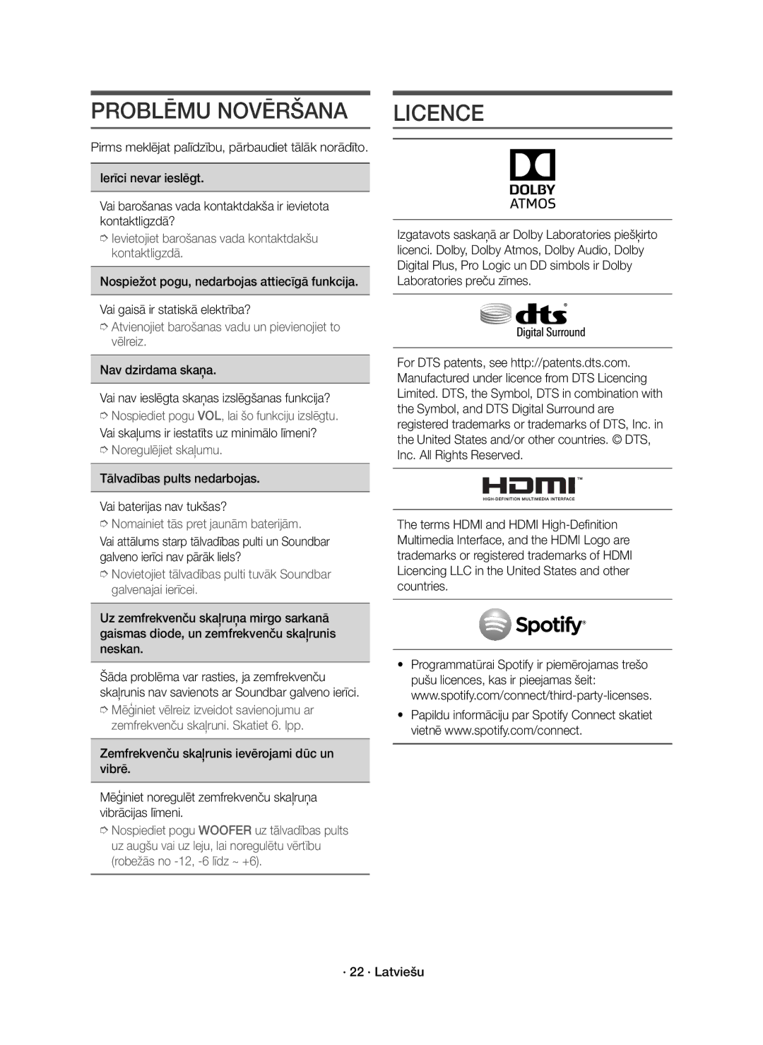 Samsung HW-K850/EN manual Problēmu Novēršana, Tālvadības pults nedarbojas Vai baterijas nav tukšas? 