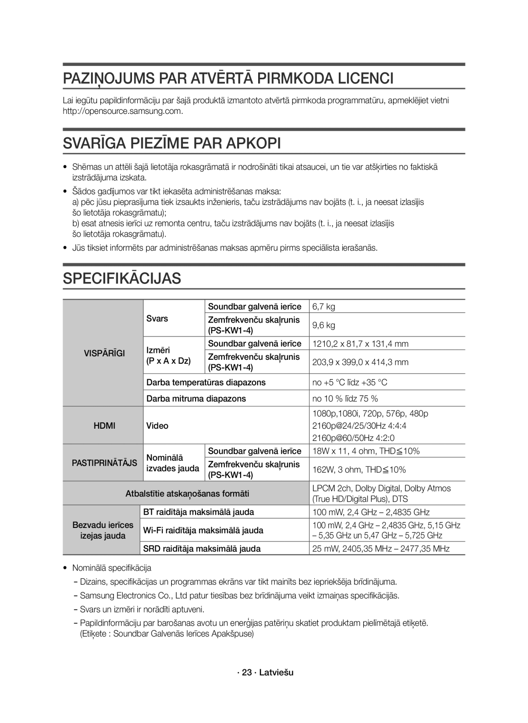 Samsung HW-K850/EN manual Paziņojums PAR Atvērtā Pirmkoda Licenci, Svarīga Piezīme PAR Apkopi, Specifikācijas 