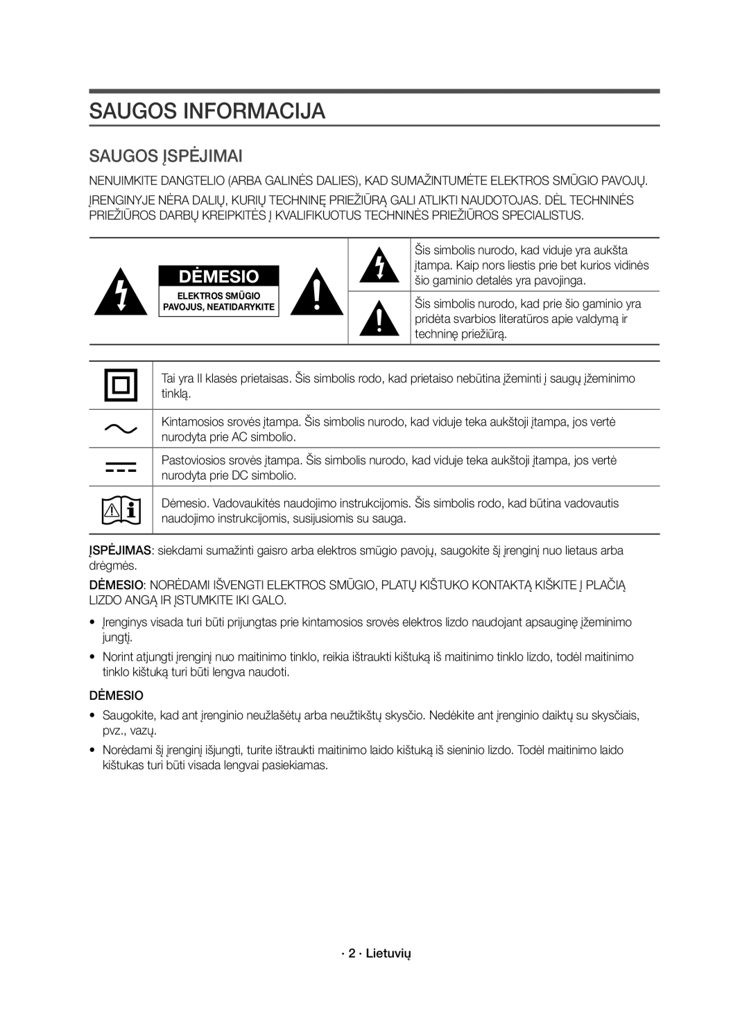 Samsung HW-K850/EN manual Saugos Informacija, Dėmesio 