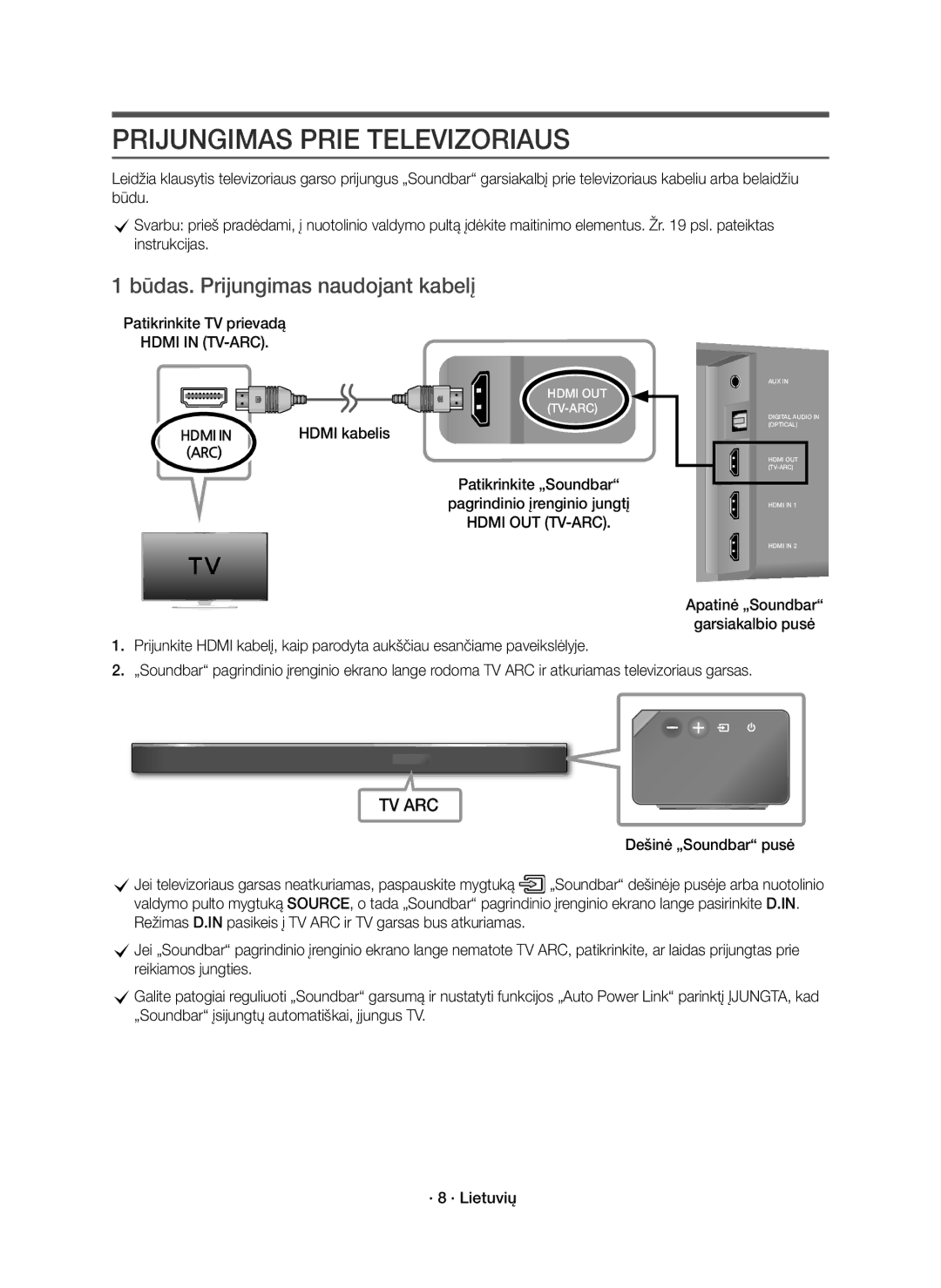 Samsung HW-K850/EN Prijungimas Prie Televizoriaus, Būdas. Prijungimas naudojant kabelį, Hdmi kabelis, Hdmi OUT TV-ARC 