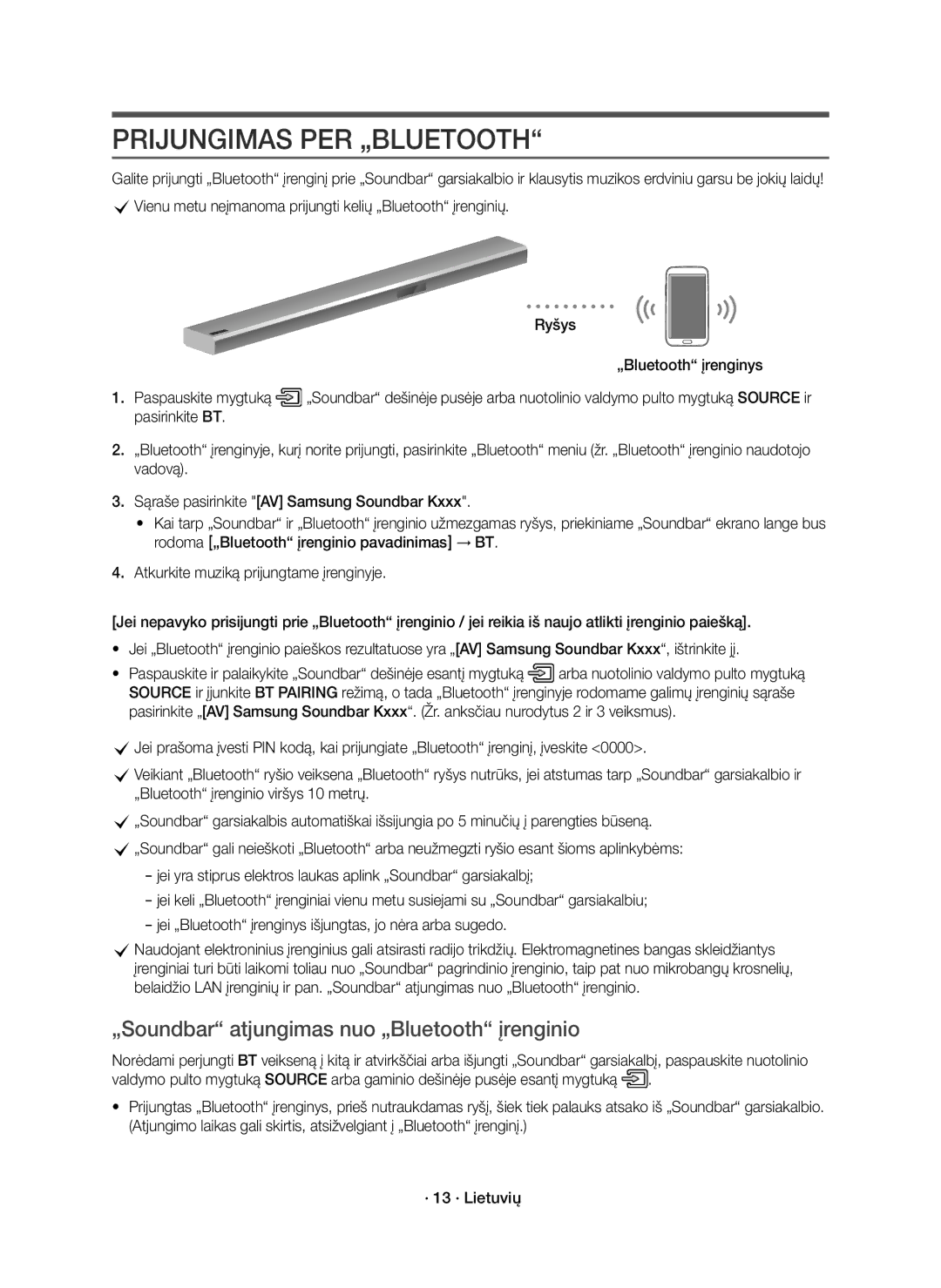 Samsung HW-K850/EN manual Prijungimas PER „BLUETOOTH, „Soundbar atjungimas nuo „Bluetooth įrenginio 