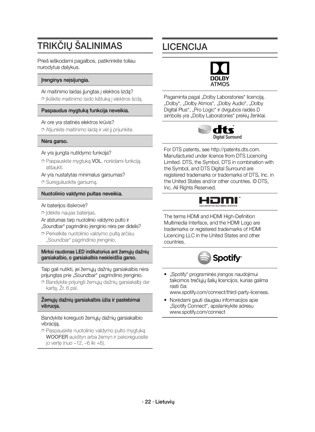 Samsung HW-K850/EN manual Trikčių Šalinimas, Licencija, Nėra garso Ar yra įjungta nutildymo funkcija? 