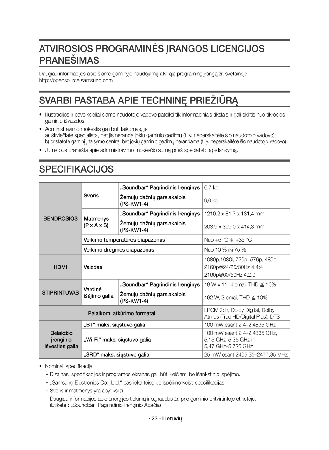 Samsung HW-K850/EN manual Atvirosios Programinės Įrangos Licencijos Pranešimas, Svarbi Pastaba Apie Techninę Priežiūrą 