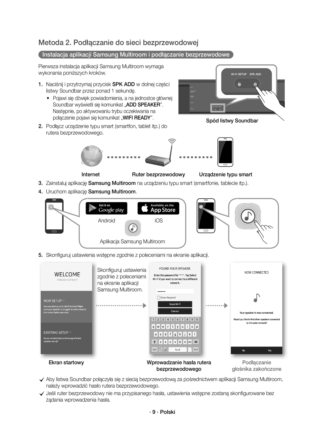 Samsung HW-K850/EN Metoda 2. Podłączanie do sieci bezprzewodowej, Naciśnij i przytrzymaj przycisk SPK ADD w dolnej części 