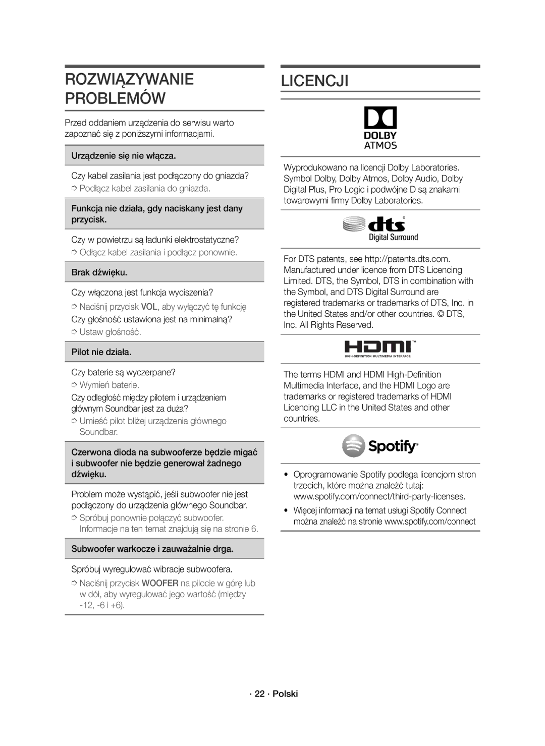 Samsung HW-K850/EN manual Rozwiązywanie Problemów, Licencji, Brak dźwięku Czy włączona jest funkcja wyciszenia? 