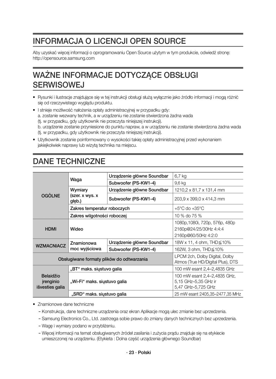 Samsung HW-K850/EN manual Informacja O Licencji Open Source, Ważne Informacje Dotyczące Obsługi Serwisowej, Dane Techniczne 