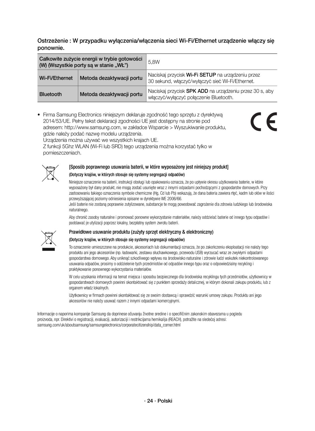 Samsung HW-K850/EN manual Wszystkie porty są w stanie „WŁ, Włączyć/wyłączyć połączenie Bluetooth, · 24 · Polski 