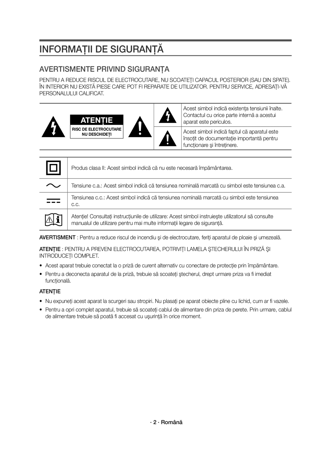 Samsung HW-K850/EN manual Informaţii DE Siguranţă, Atenţie 