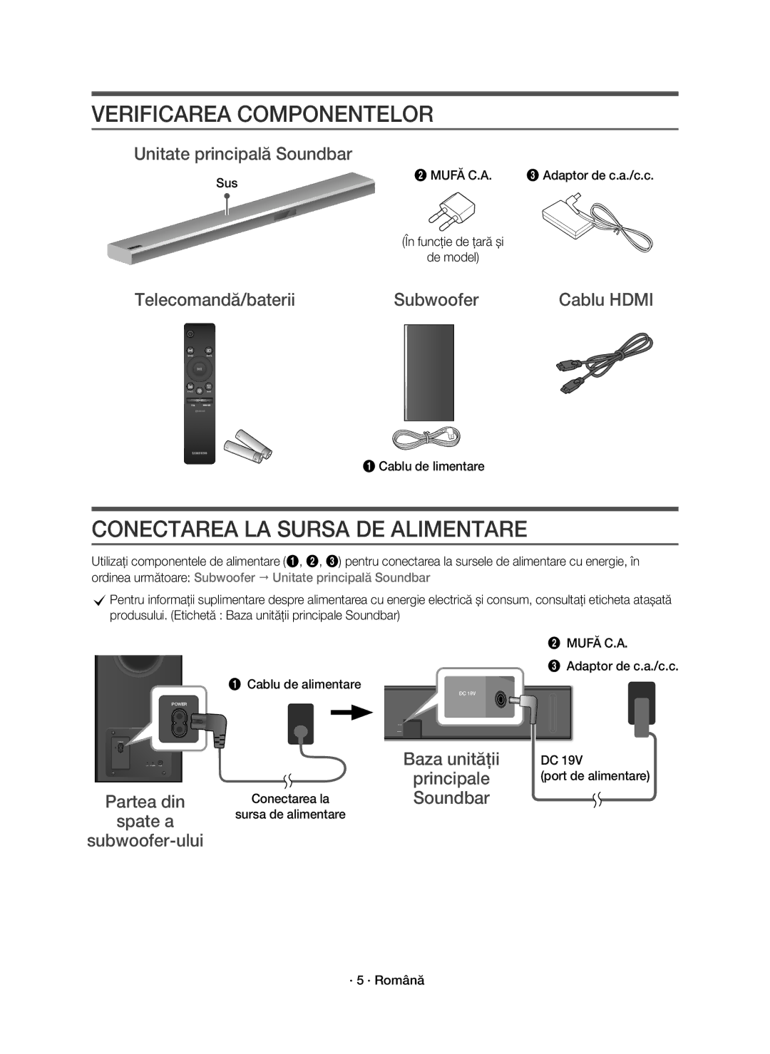 Samsung HW-K850/EN manual Verificarea Componentelor, Conectarea LA Sursa DE Alimentare, Unitate principală Soundbar 