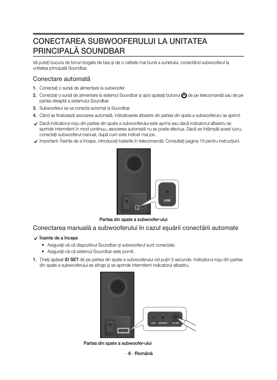 Samsung HW-K850/EN manual Conectarea Subwooferului LA Unitatea Principală Soundbar, Conectare automată 