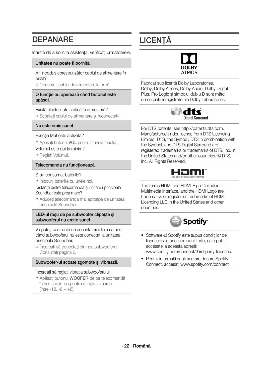 Samsung HW-K850/EN manual Depanare, Licenţă, Nu este emis sunet Funcţia Mut este activată? 