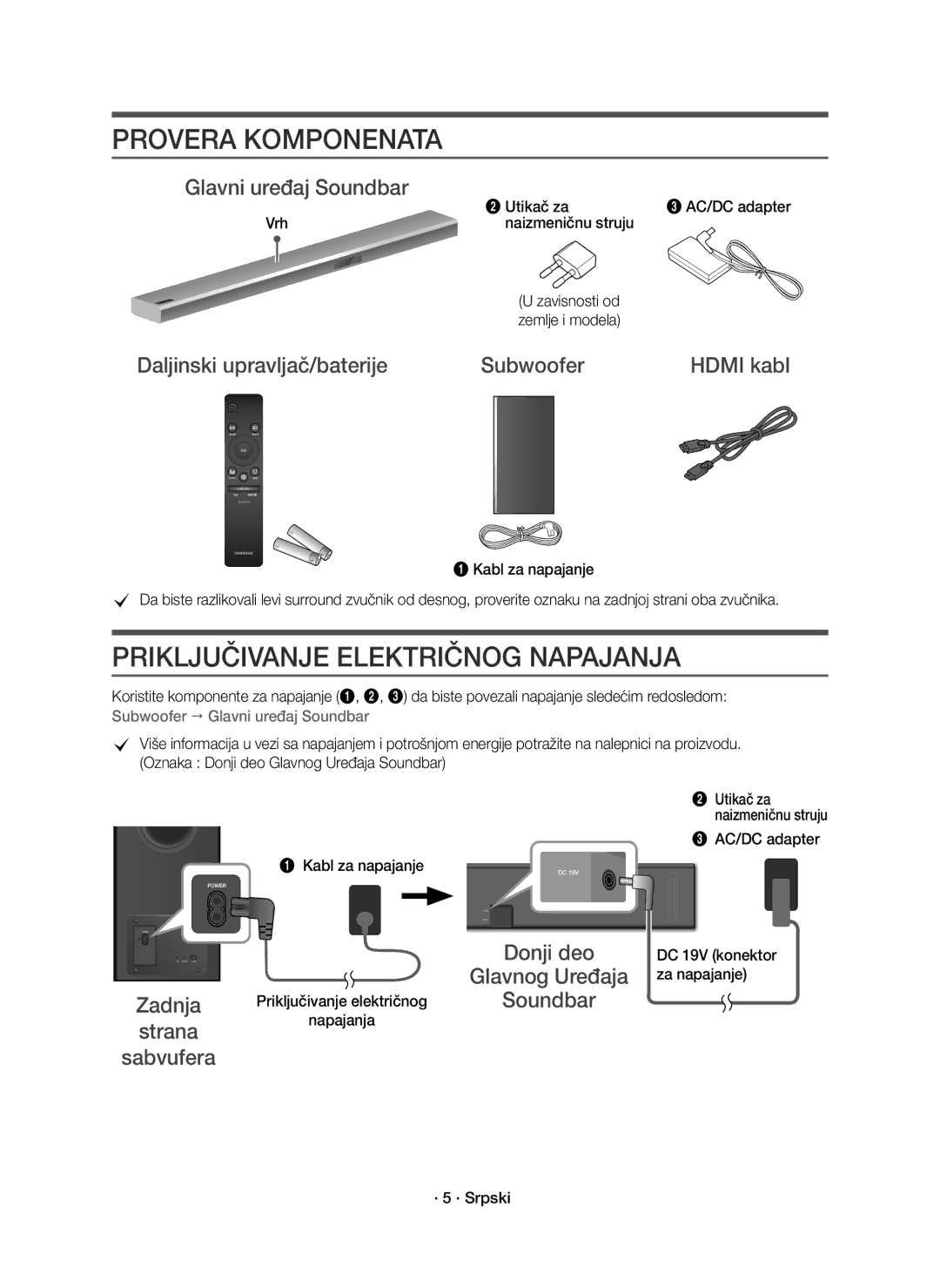 Samsung HW-K850/EN manual Provera Komponenata, Priključivanje Električnog Napajanja 