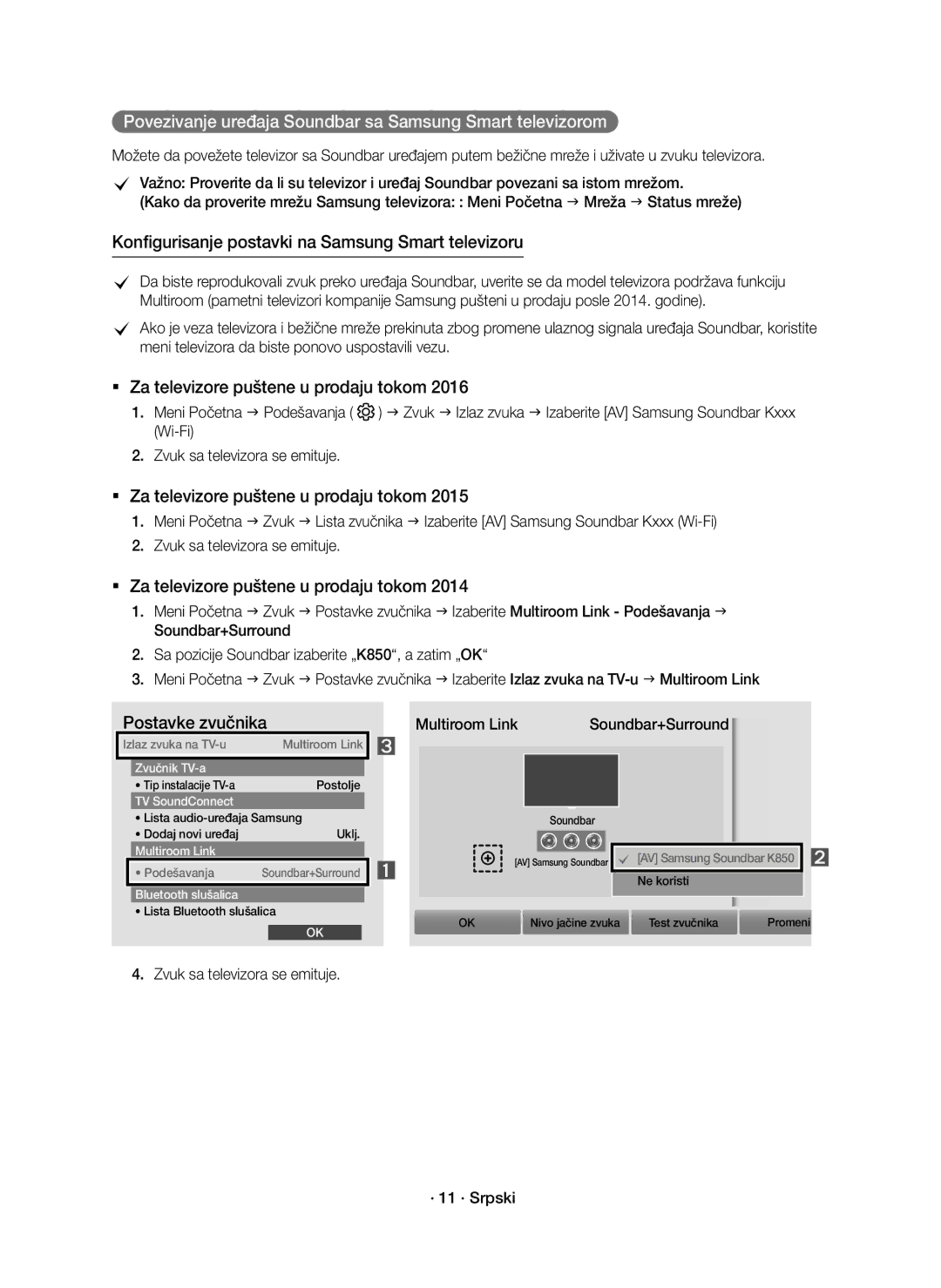 Samsung HW-K850/EN Povezivanje uređaja Soundbar sa Samsung Smart televizorom, Zvuk sa televizora se emituje · 11 · Srpski 
