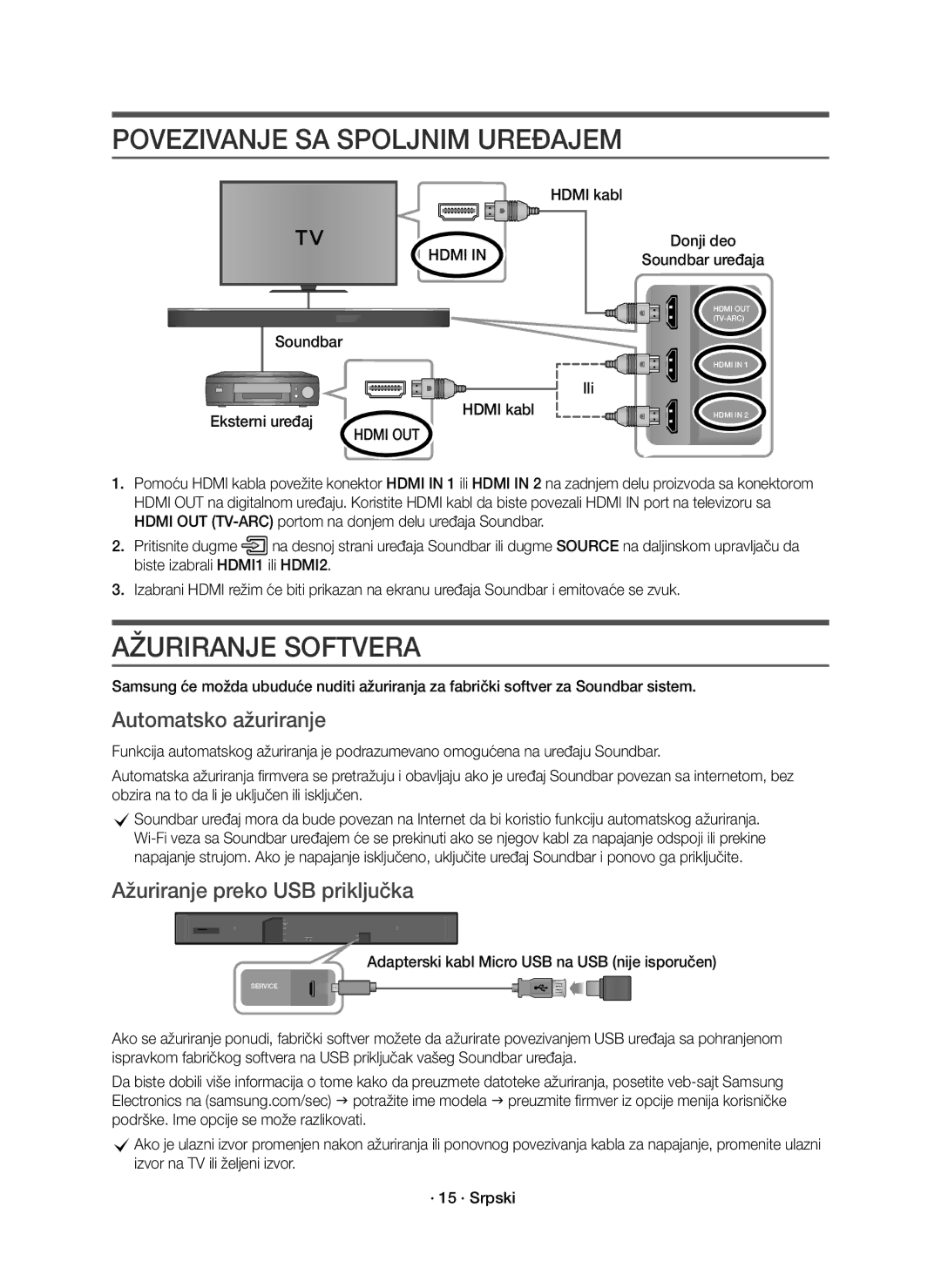 Samsung HW-K850/EN manual Povezivanje SA Spoljnim Uređajem, Ažuriranje preko USB priključka 