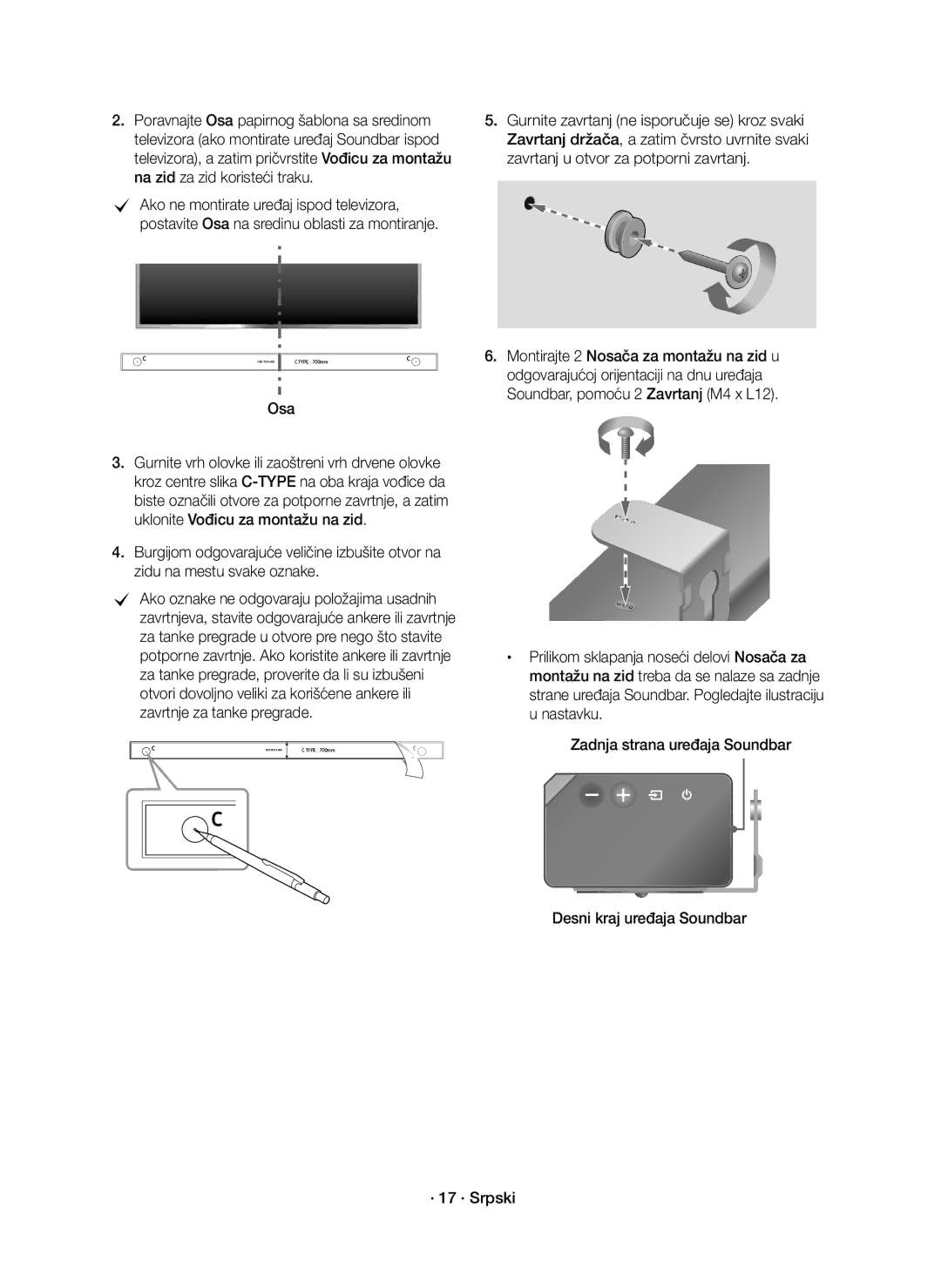 Samsung HW-K850/EN manual Osa, Zavrtnje za tanke pregrade Nastavku, Zadnja strana uređaja Soundbar 