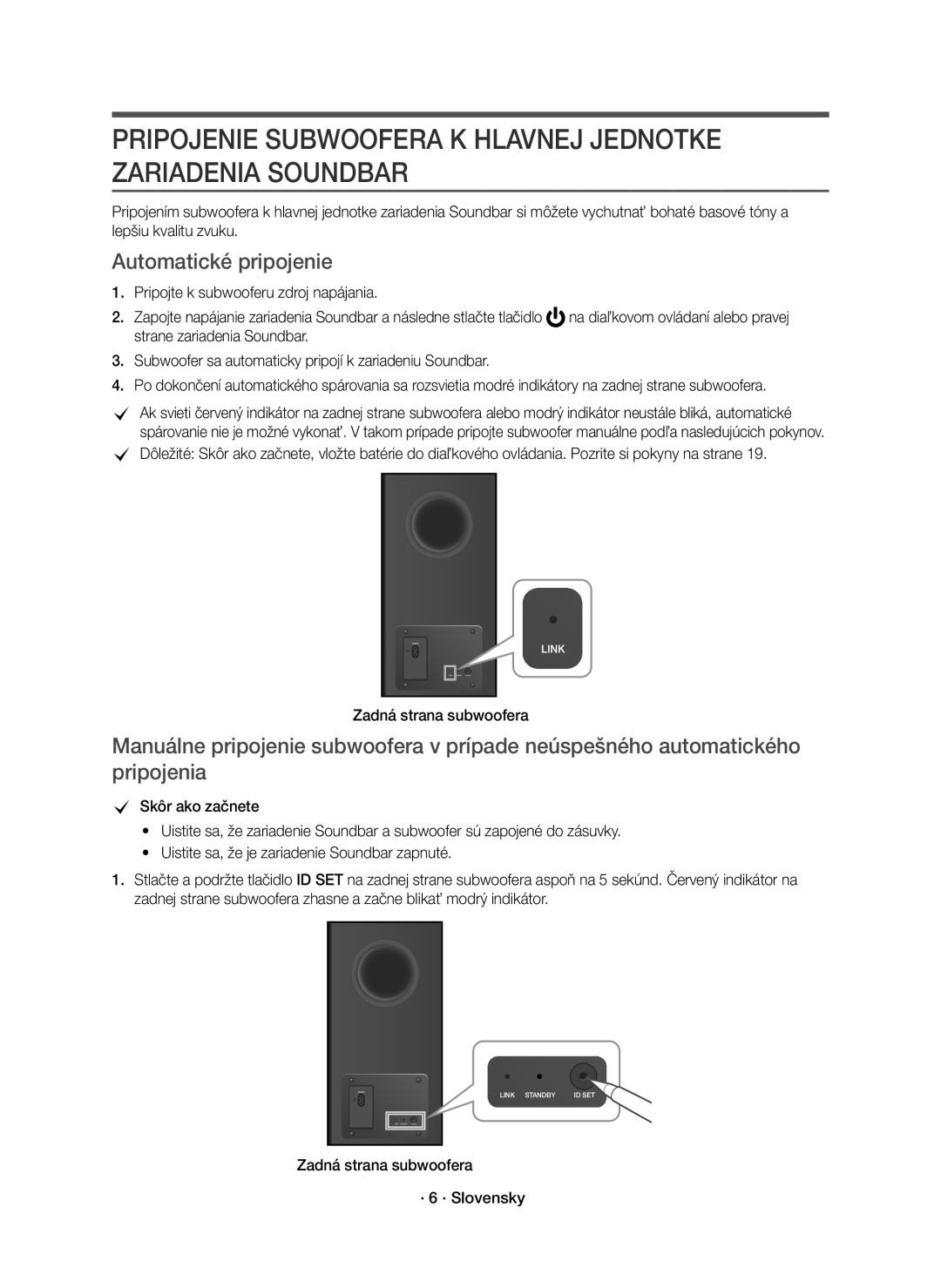 Samsung HW-K850/EN manual Automatické pripojenie, Zadná strana subwoofera · 6 · Slovensky 