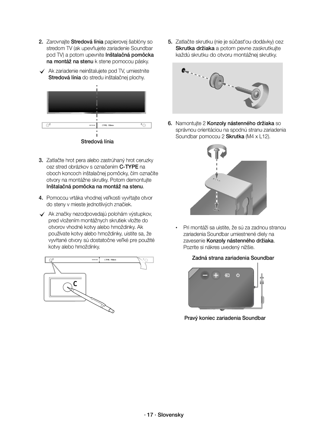 Samsung HW-K850/EN manual Stredová línia, Pravý koniec zariadenia Soundbar · 17 · Slovensky 