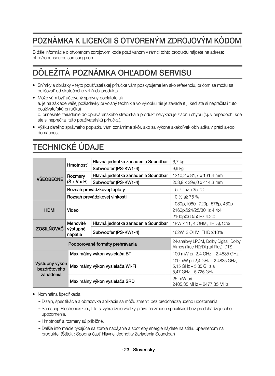 Samsung HW-K850/EN manual Dôležitá Poznámka Ohľadom Servisu, Všeobecné, Zosilňovač 